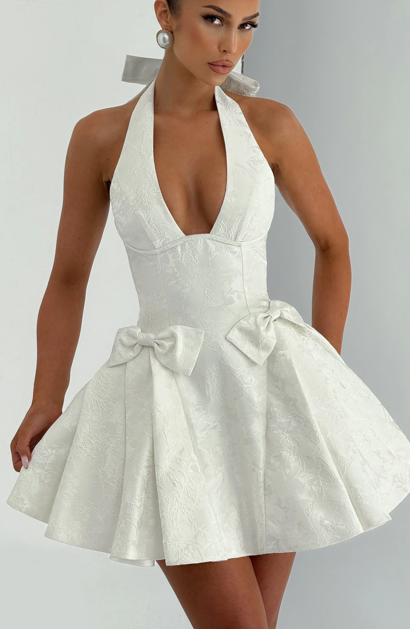 Floral Jacquard Halter Mini Dress in Ivory