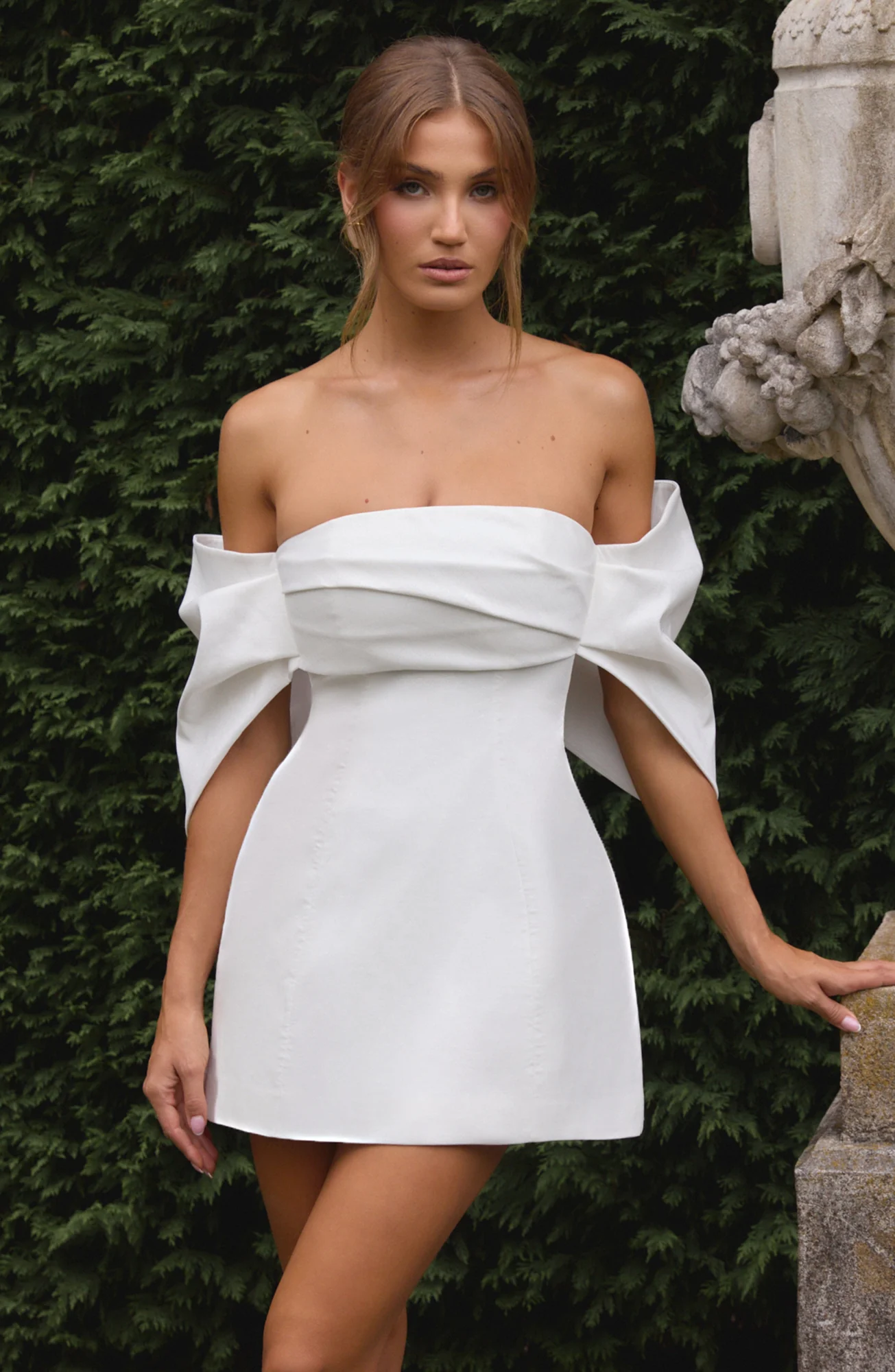 Elegant Ivory A-Line Mini Dress with Bardot Neckline