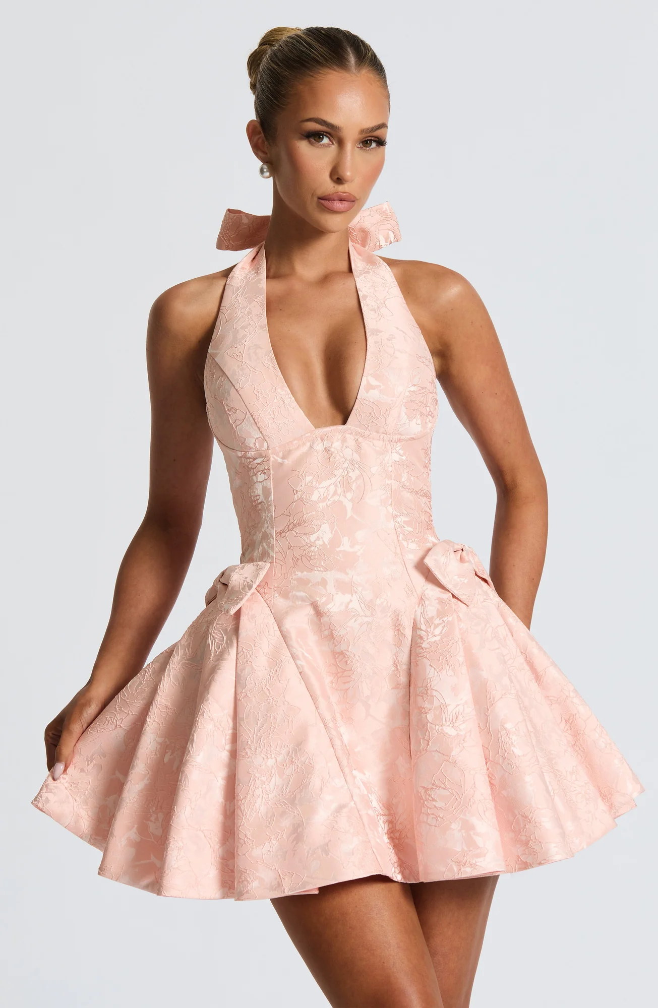 Floral Jacquard Mini Dress with Lace-Up Back - Soft Peach