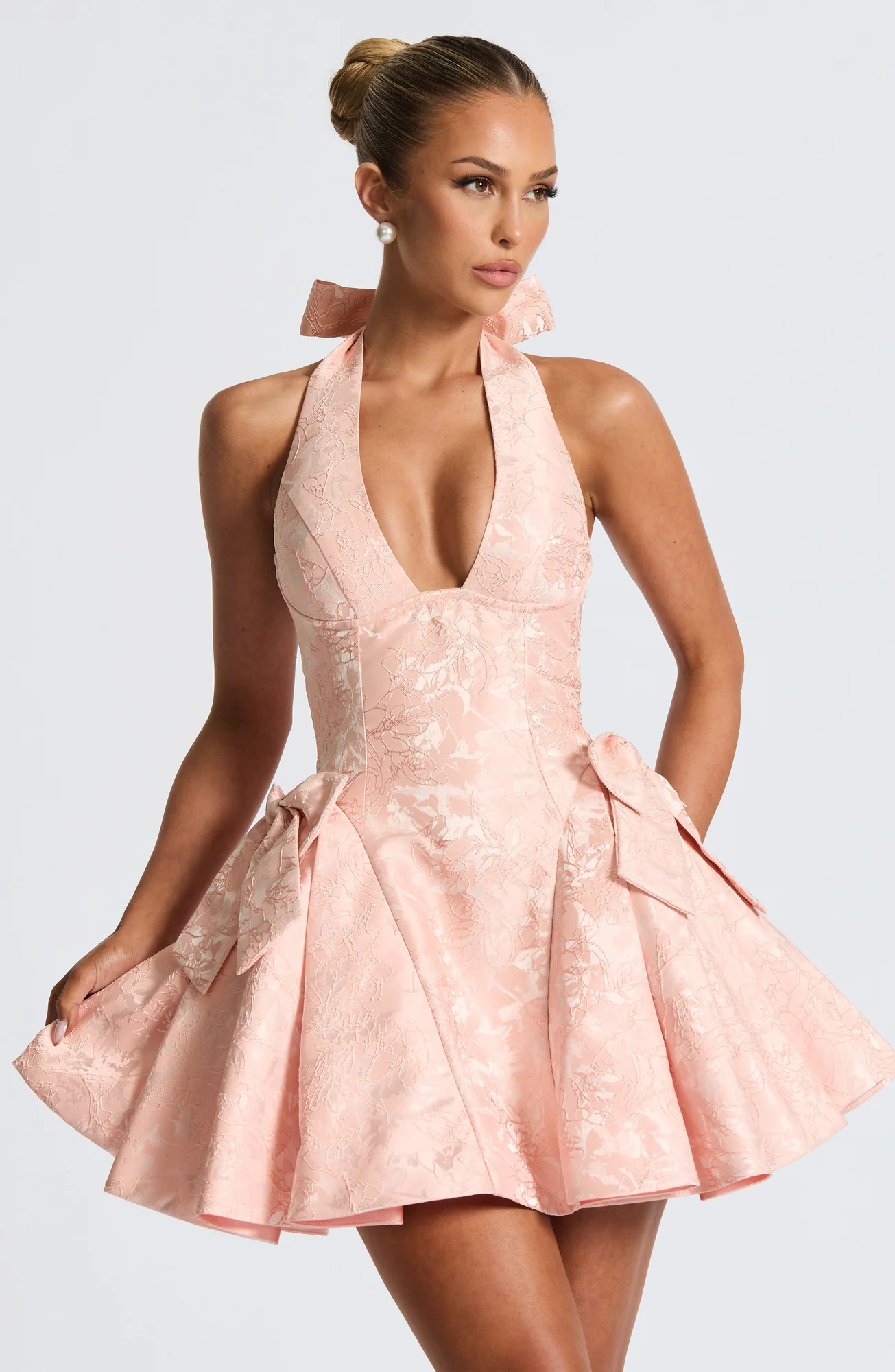 Floral Jacquard Mini Dress with Lace-Up Back - Soft Peach