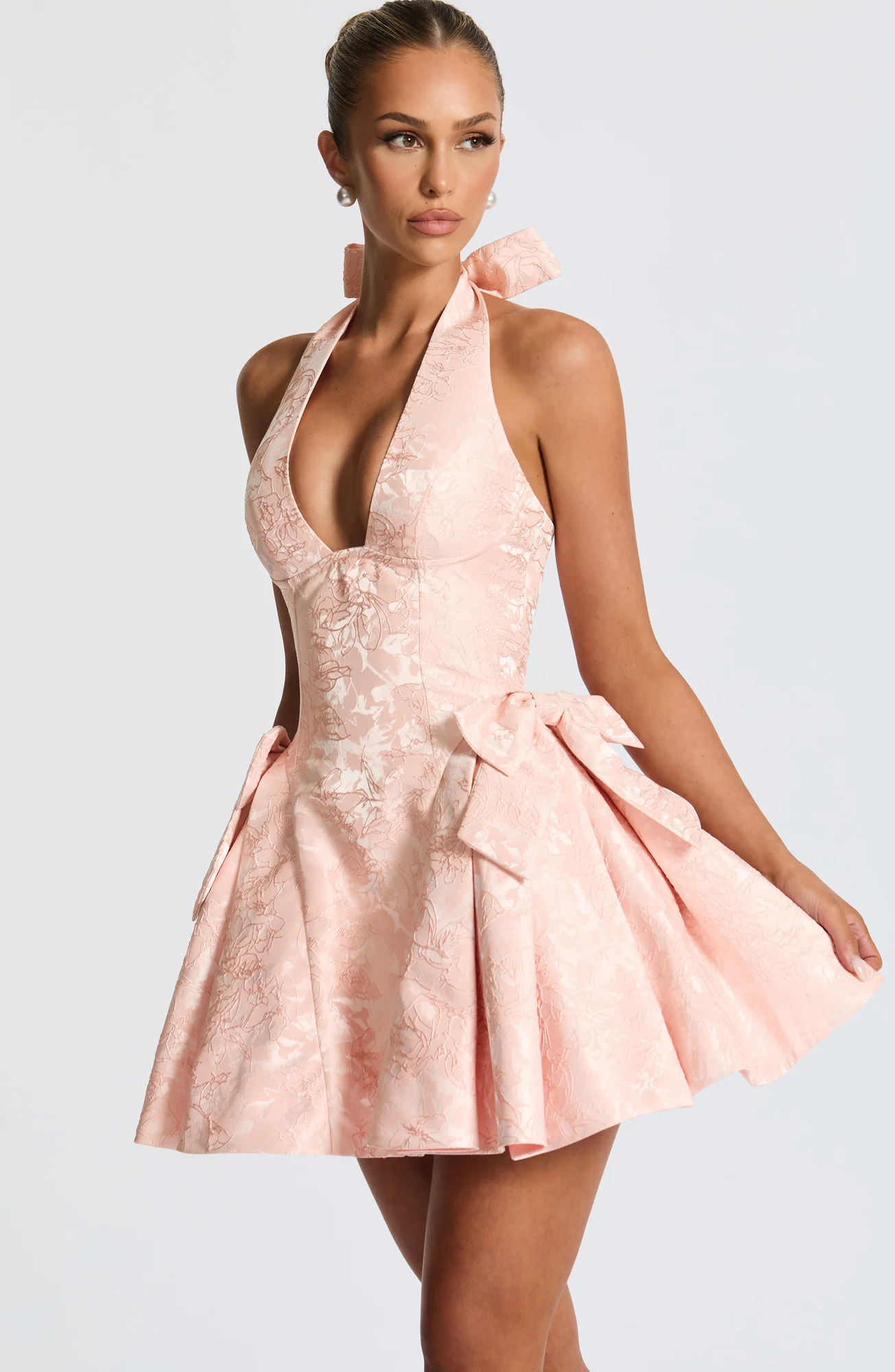 Floral Jacquard Mini Dress with Lace-Up Back - Soft Peach