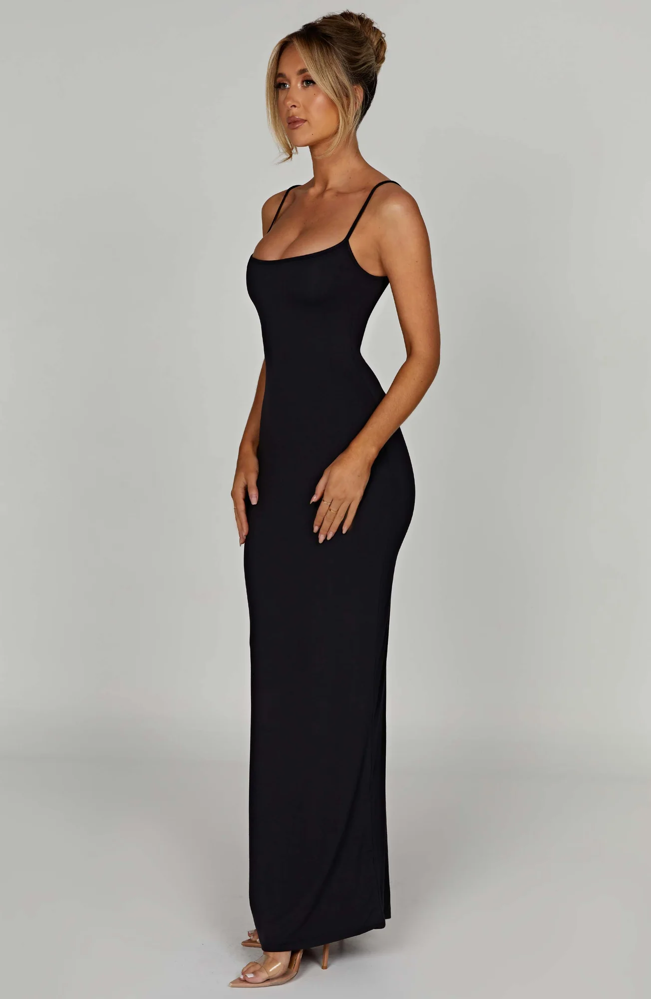 Black Modal Maxi Dress with Scoop Neck and Thin Straps