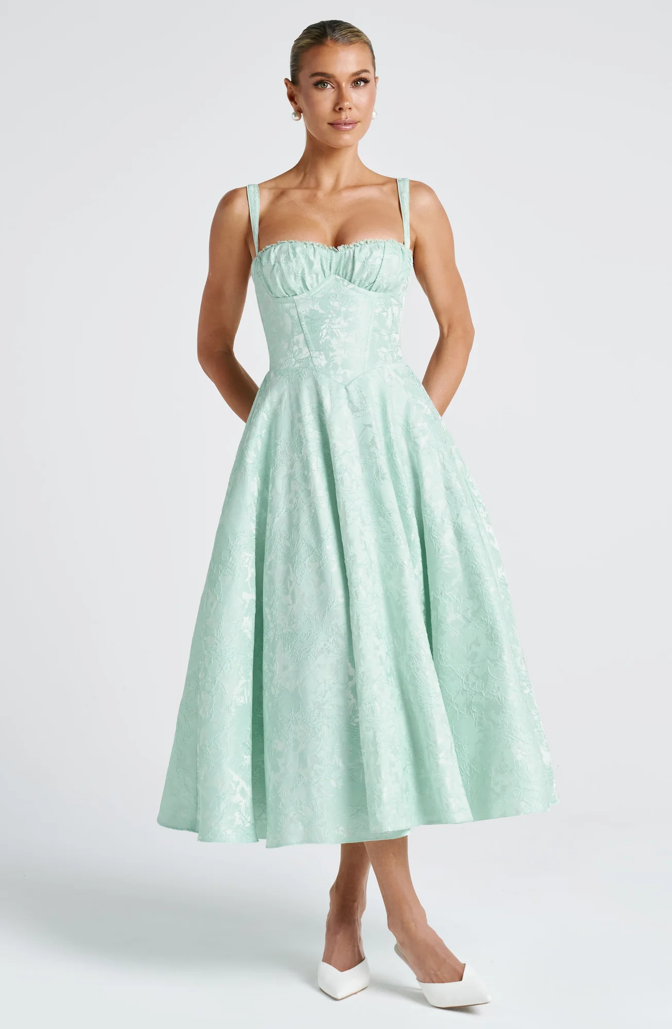 Floral Lace Midi Dress - Elegant Mint Green Outfit