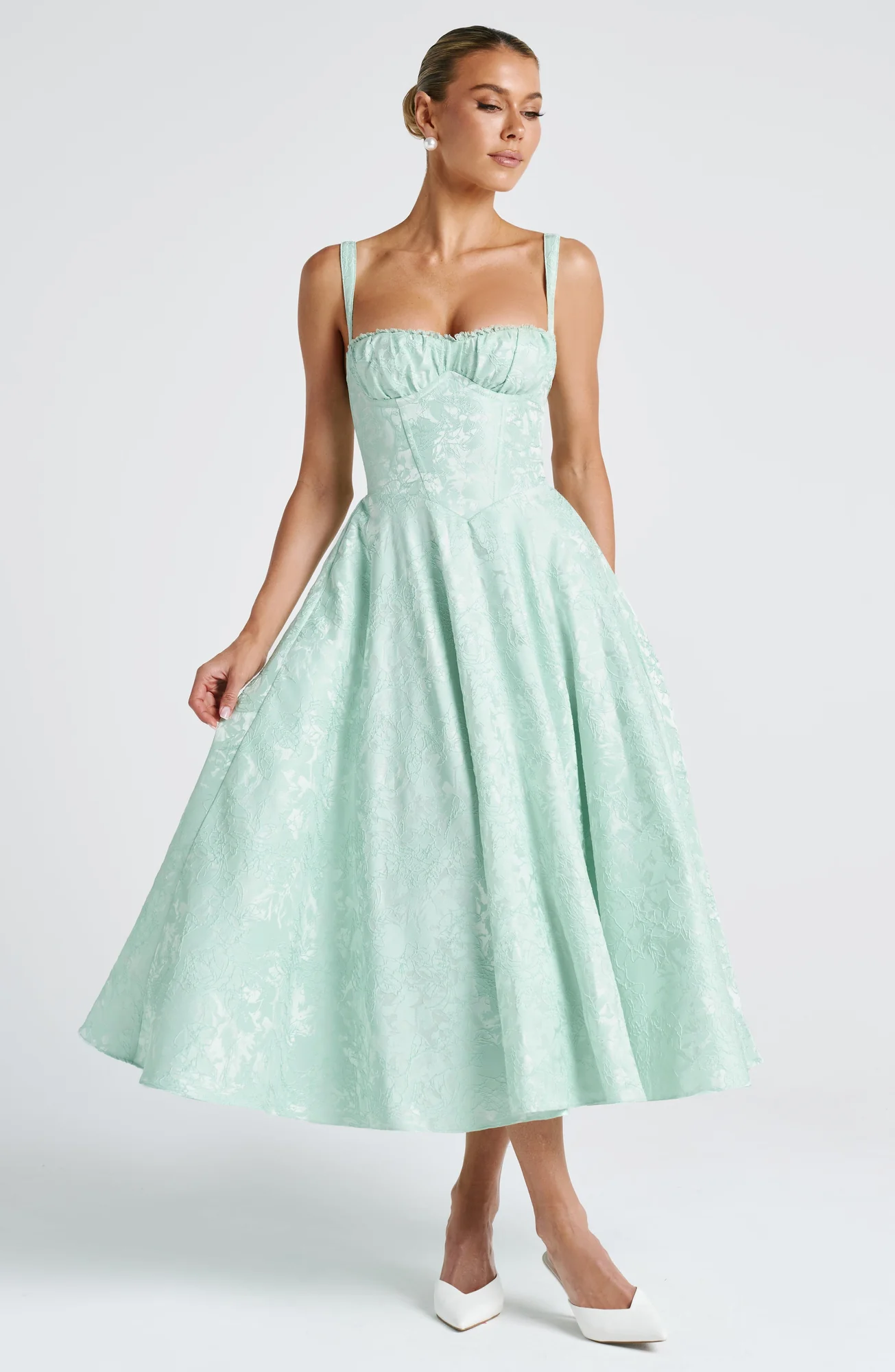Floral Lace Midi Dress - Elegant Mint Green Outfit