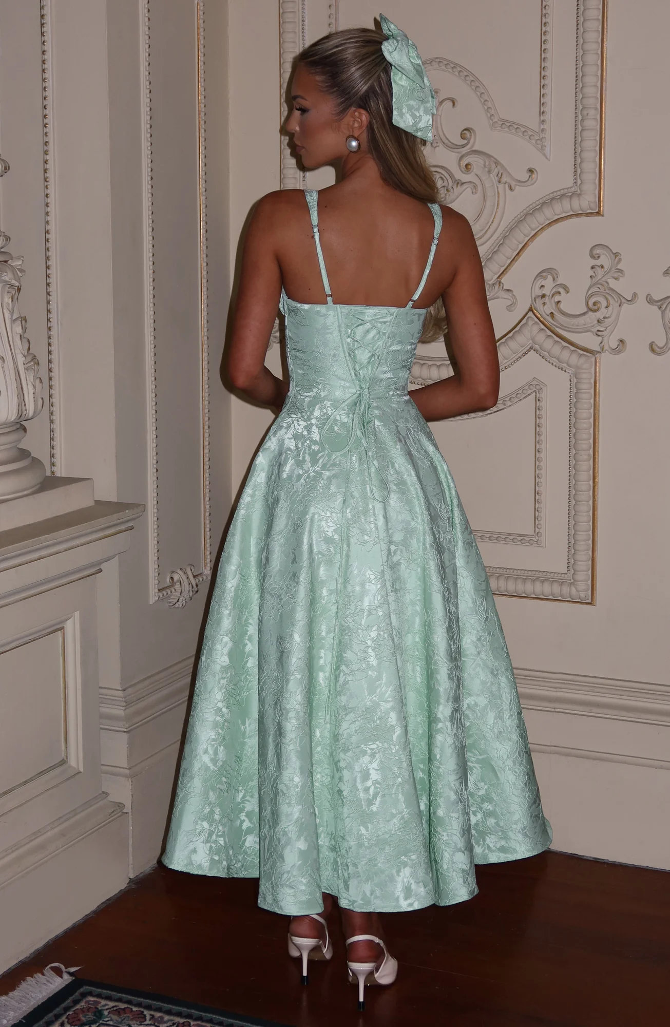 Floral Lace Midi Dress - Elegant Mint Green Outfit