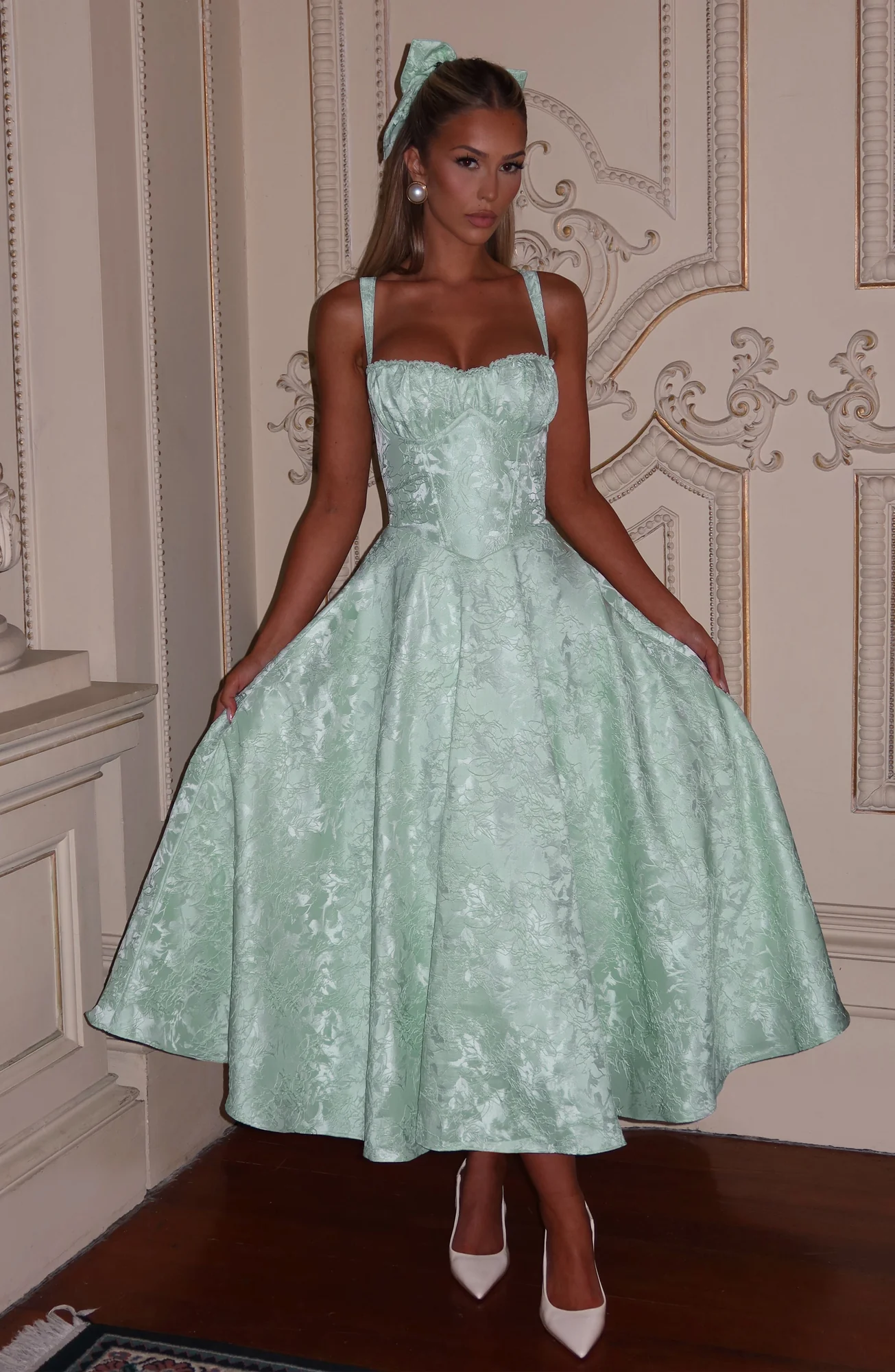 Floral Lace Midi Dress - Elegant Mint Green Outfit