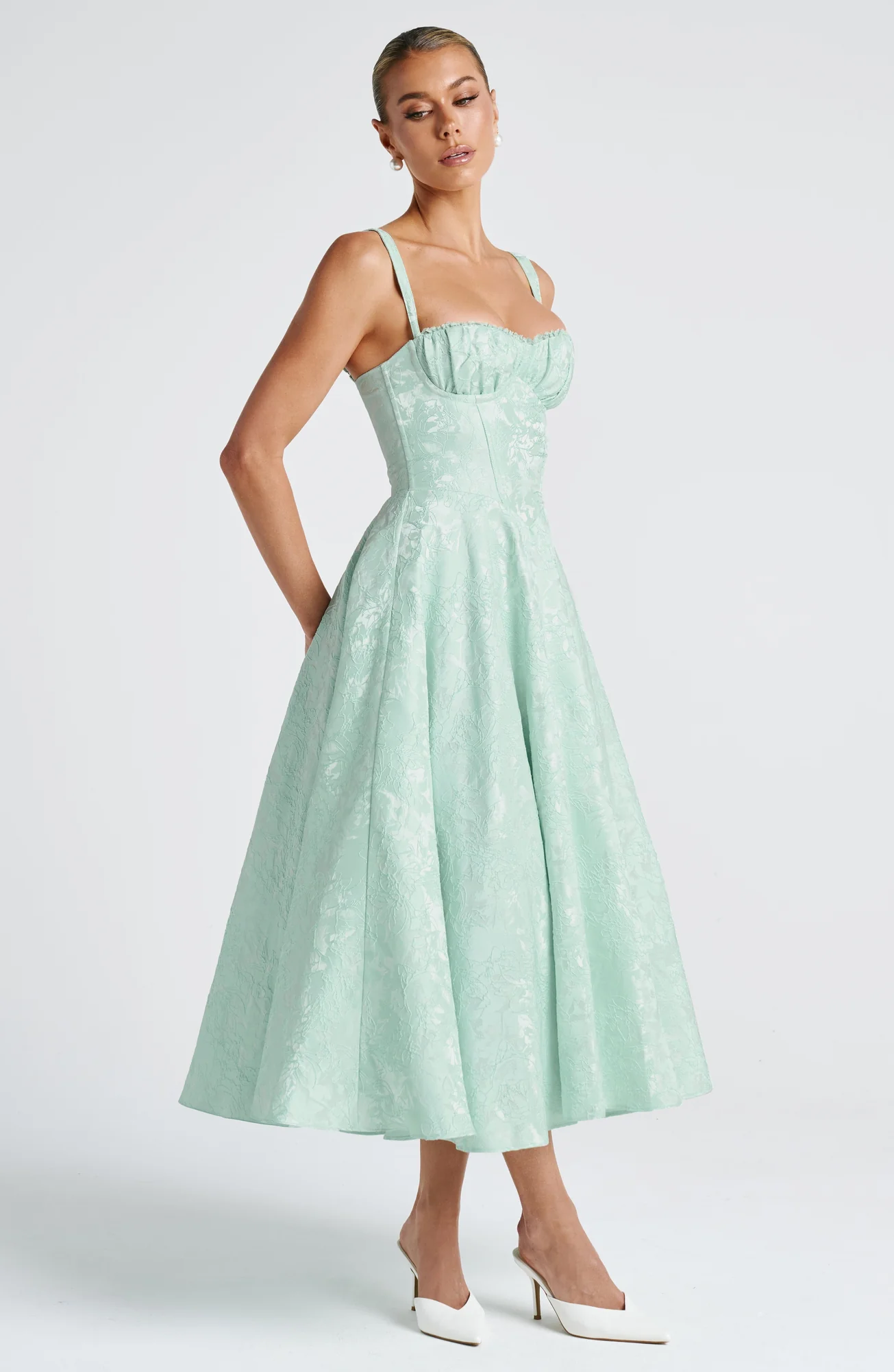 Floral Lace Midi Dress - Elegant Mint Green Outfit