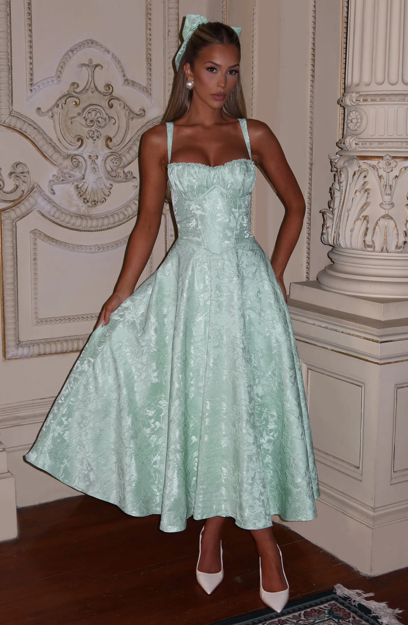 Floral Lace Midi Dress - Elegant Mint Green Outfit