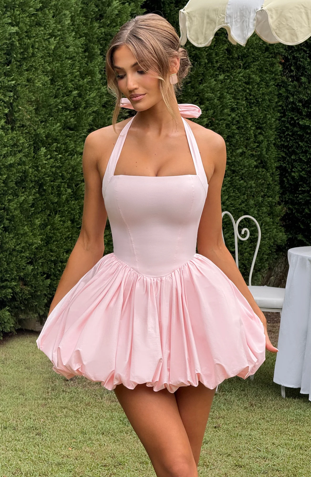 Blush Square Neckline Mini Dress - Elegant Puffball Skirt