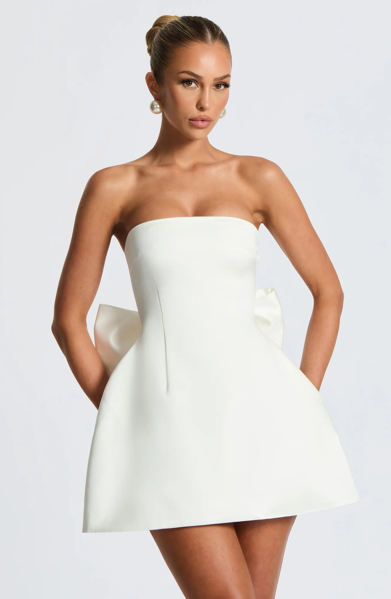 Ivory Strapless Bubble Mini Dress with Detachable Bow