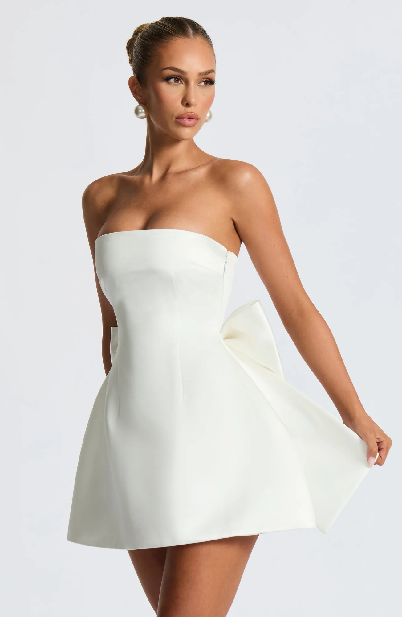 Ivory Strapless Bubble Mini Dress with Detachable Bow
