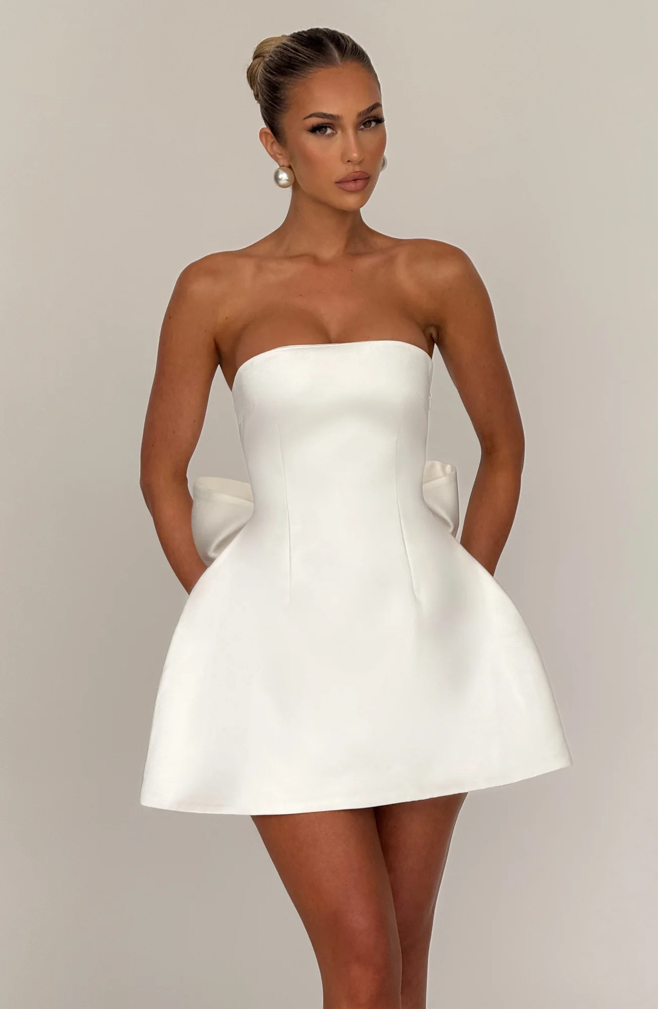 Ivory Strapless Bubble Mini Dress with Detachable Bow