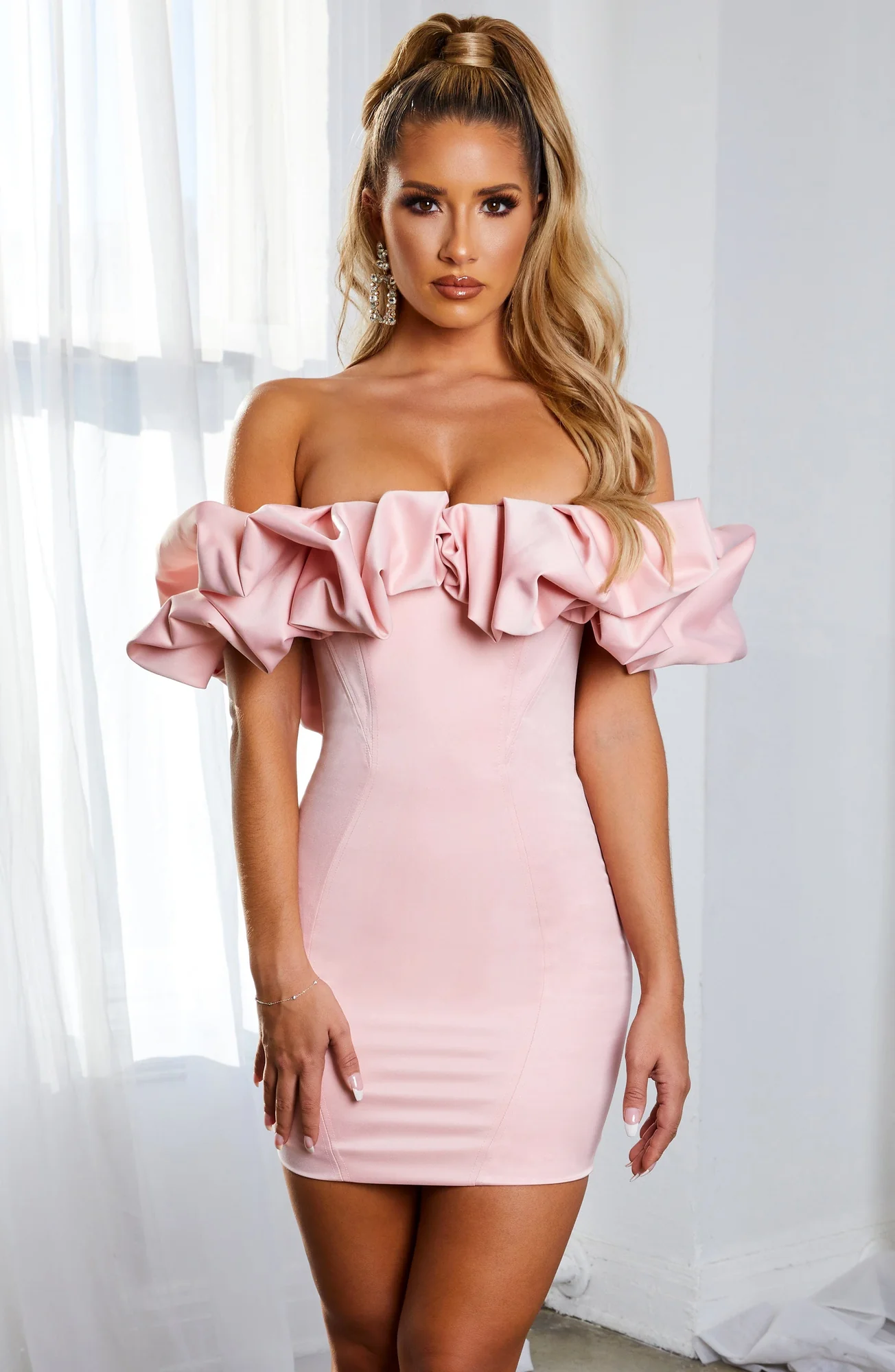 Baby Pink Duchess Satin Off-Shoulder Mini Dress