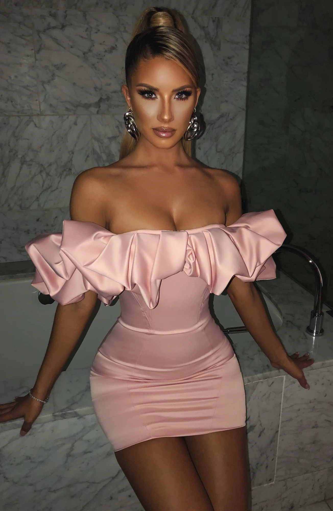 Baby Pink Duchess Satin Off-Shoulder Mini Dress