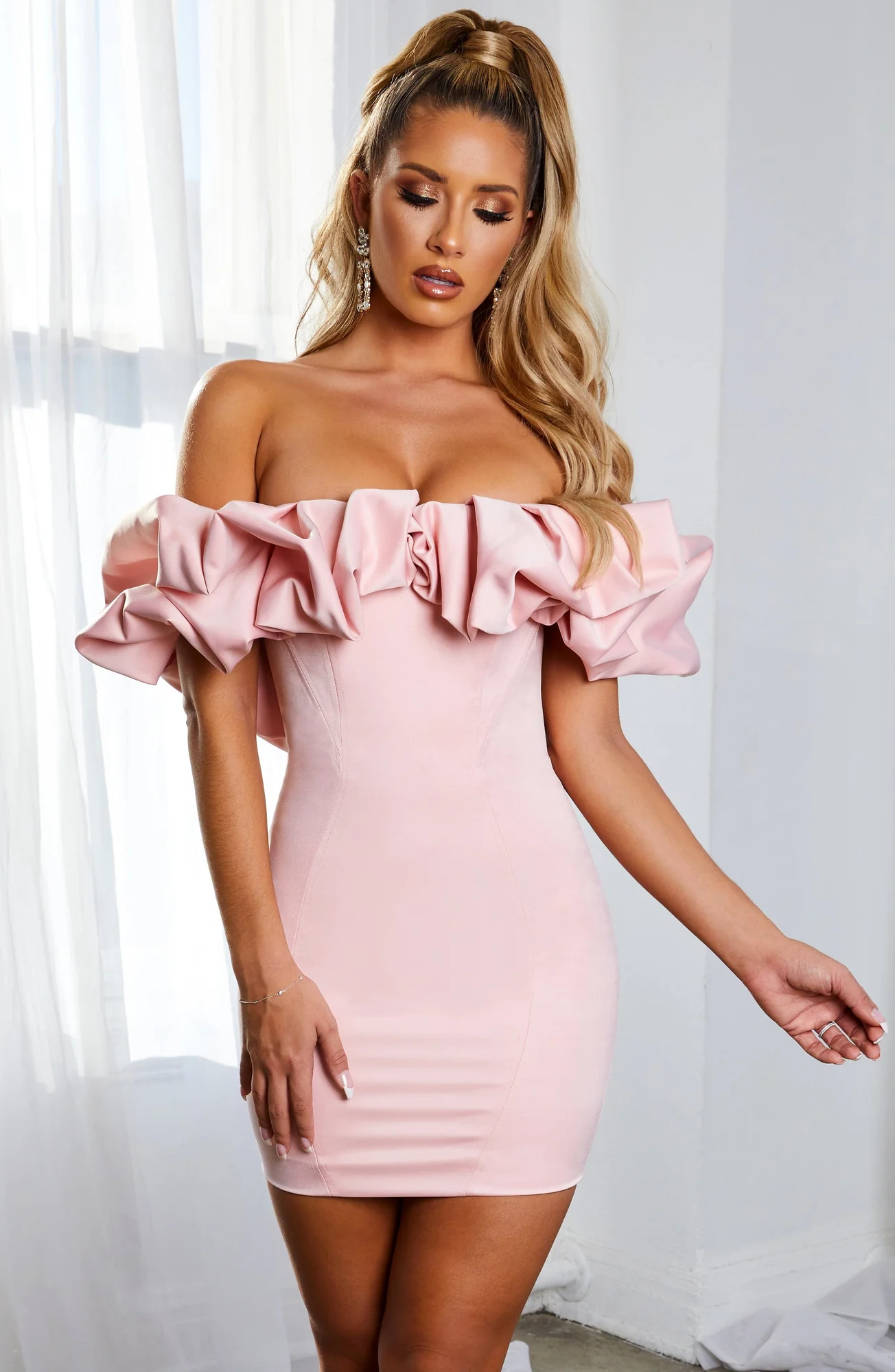 Baby Pink Duchess Satin Off-Shoulder Mini Dress