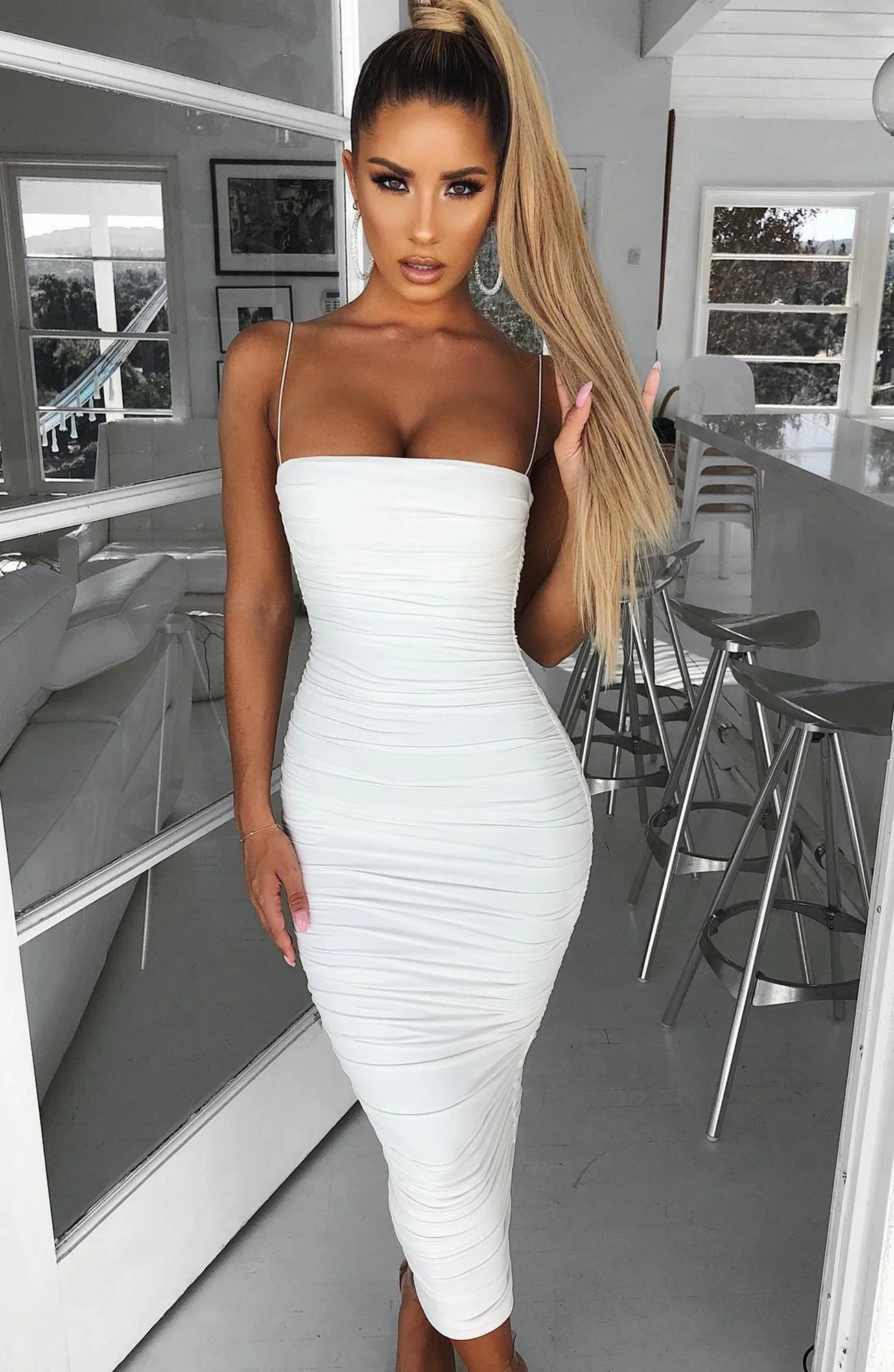White Maxi Dress with Ruched Side Seams