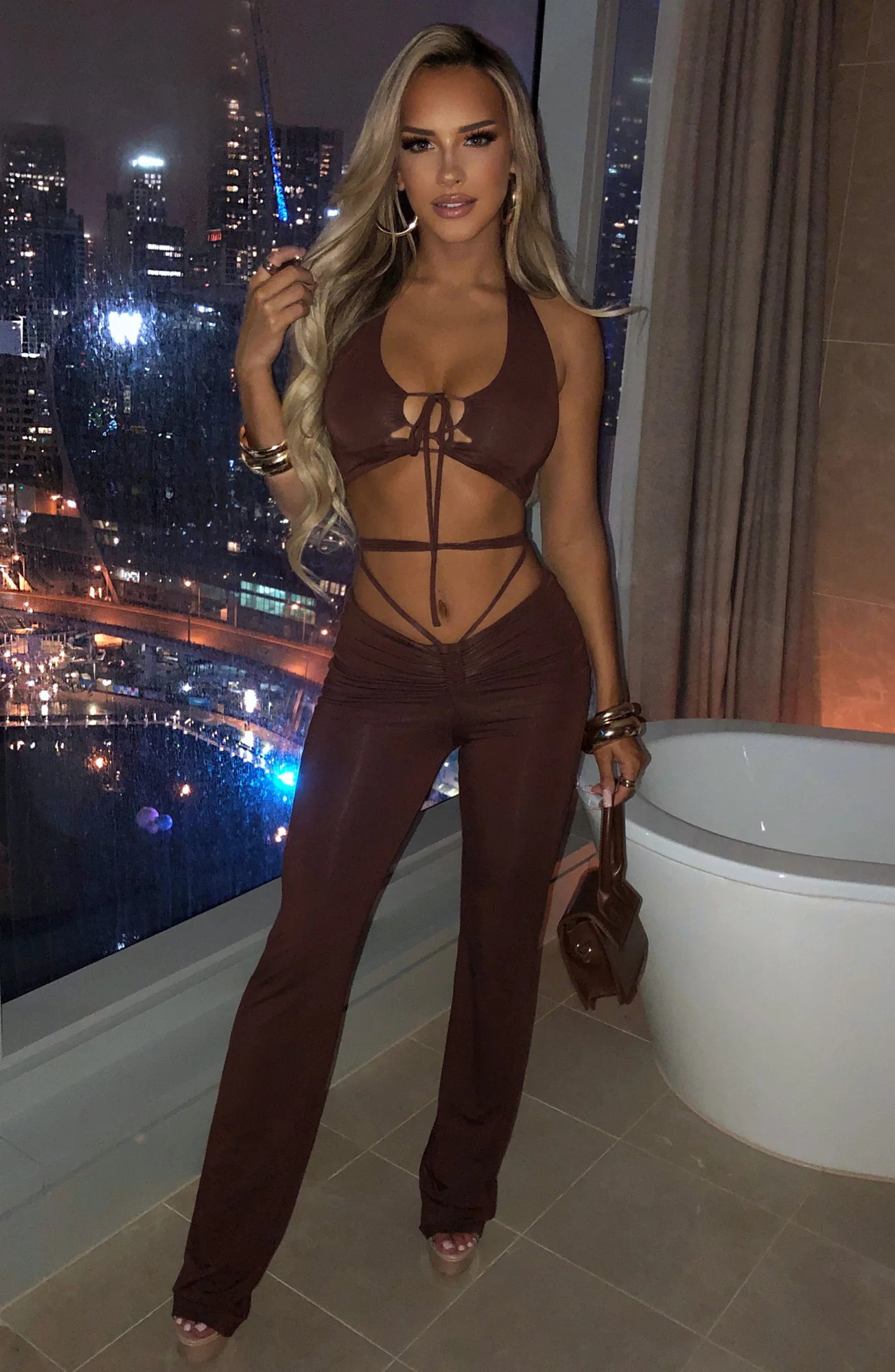 Brown Stretch Flare Pants with Adjustable Ruching Feature