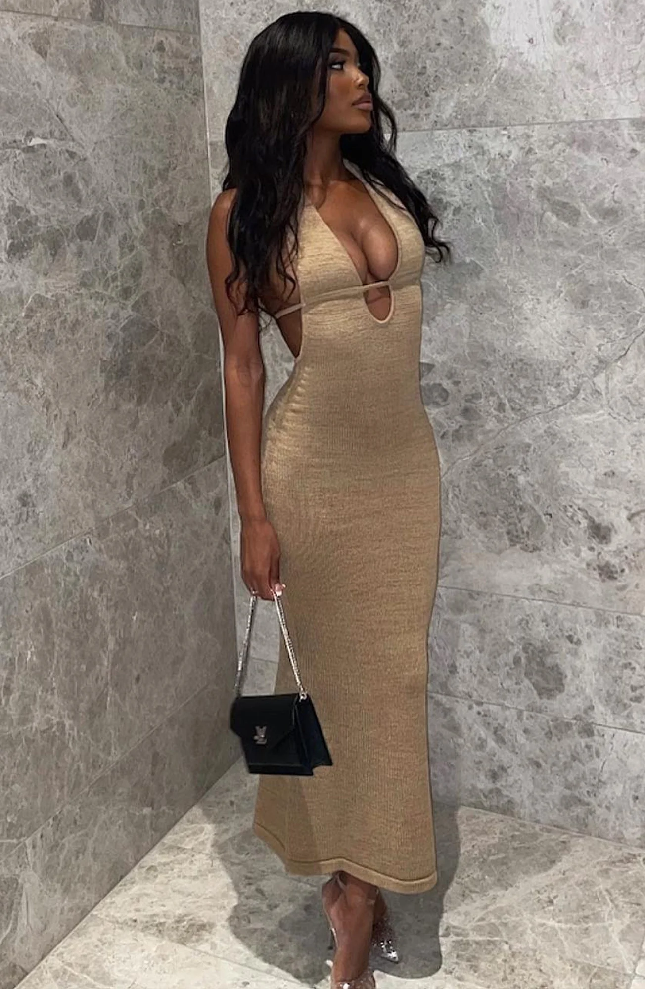 Beige Halter Neck Maxi Dress - Elegant Cotton/Polyester Knit