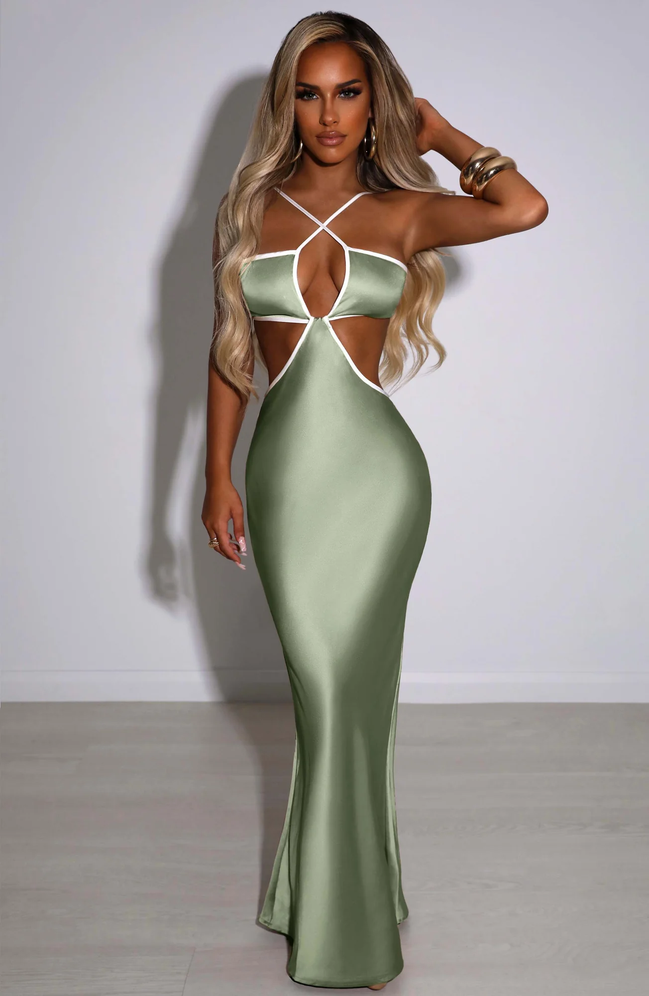 Sage Double Layered Maxi Dress with Criss-Cross Neckline