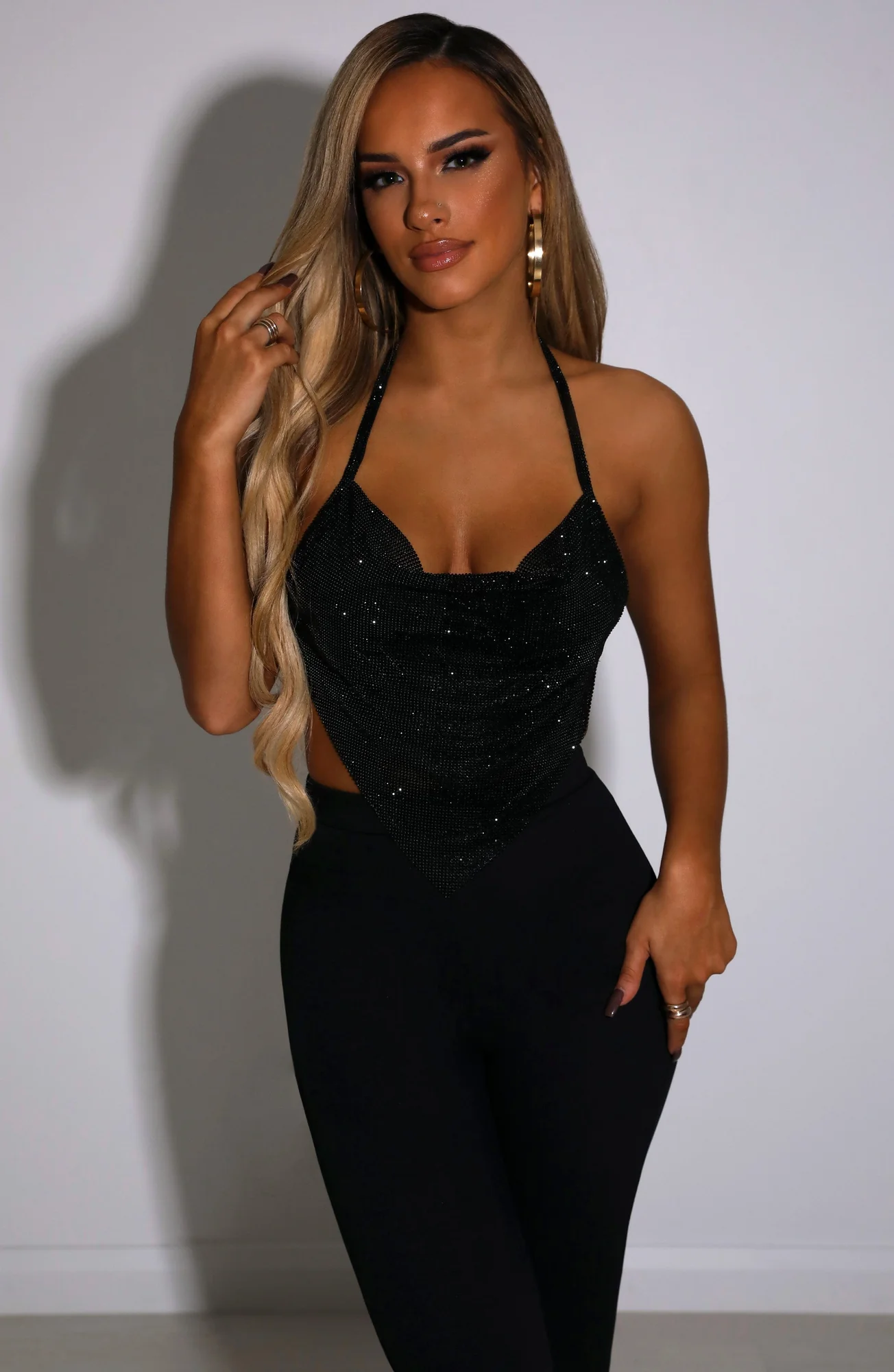 Fashionable Black Diamante Halterneck Top for Women