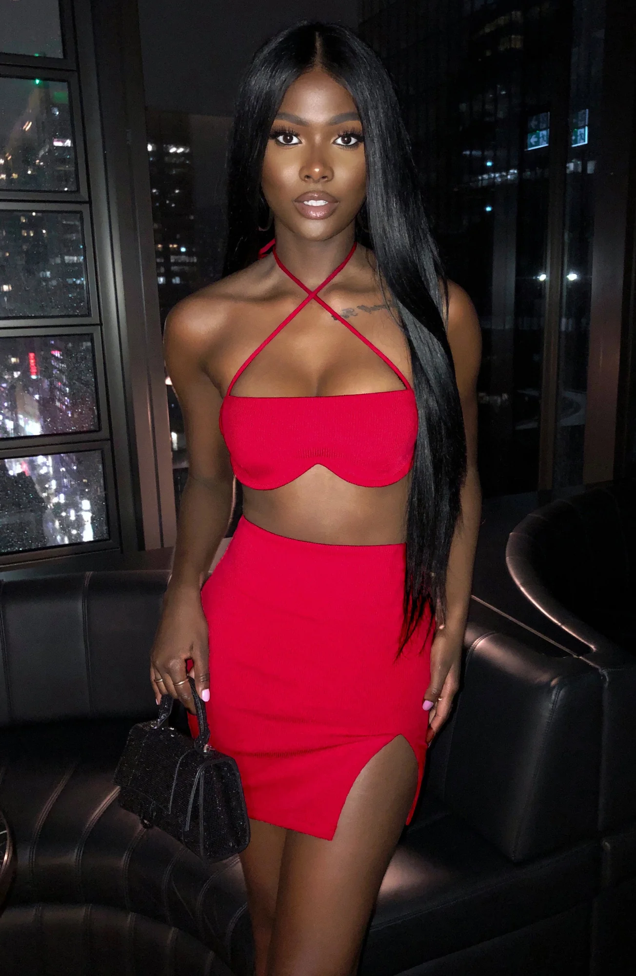 Red Ribbed Mini Skirt with Front Split Detail