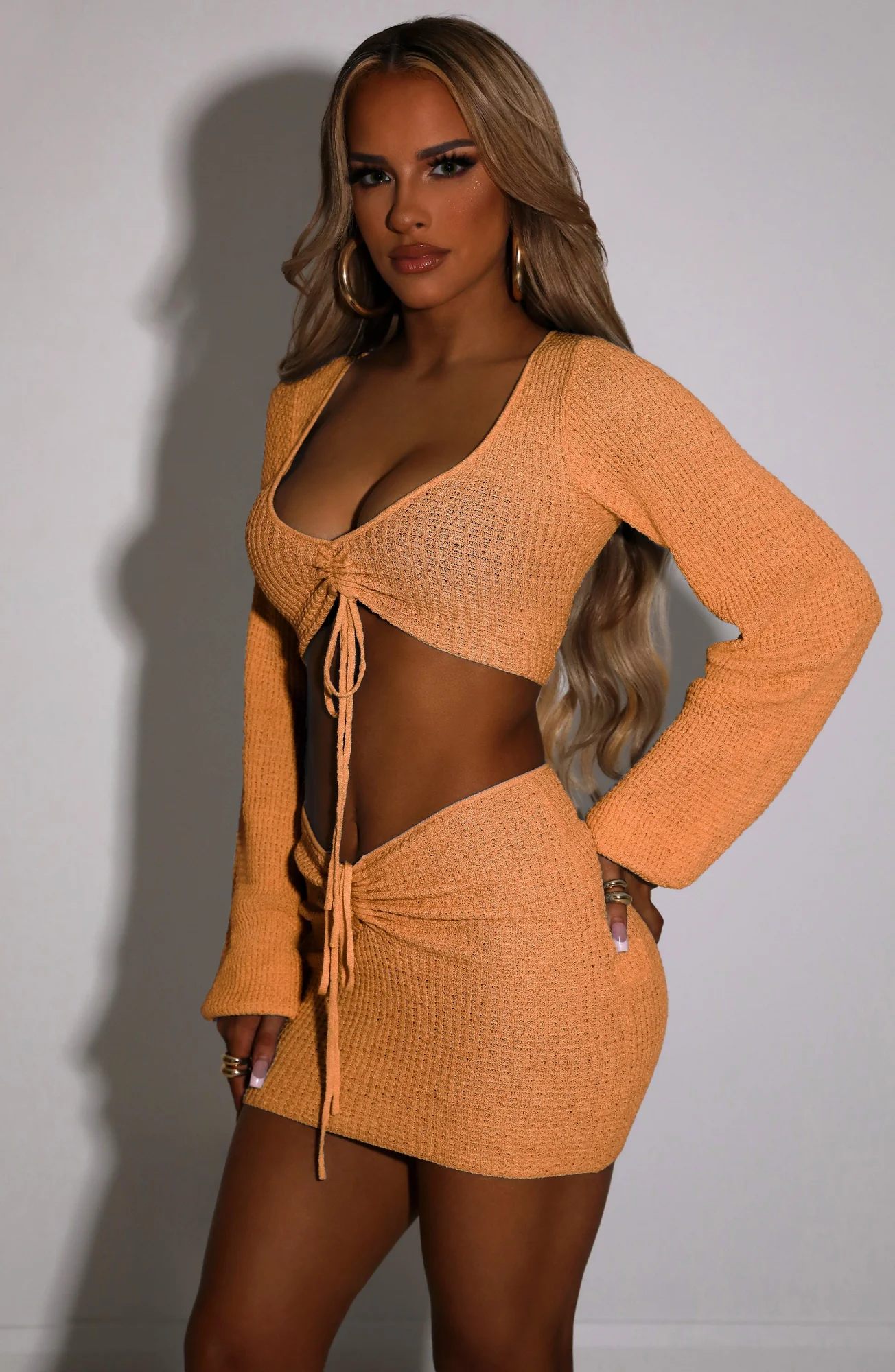 Orange Knit Mini Skirt - Adjustable Ruching, Slip-On, Viscose Nylon Blend