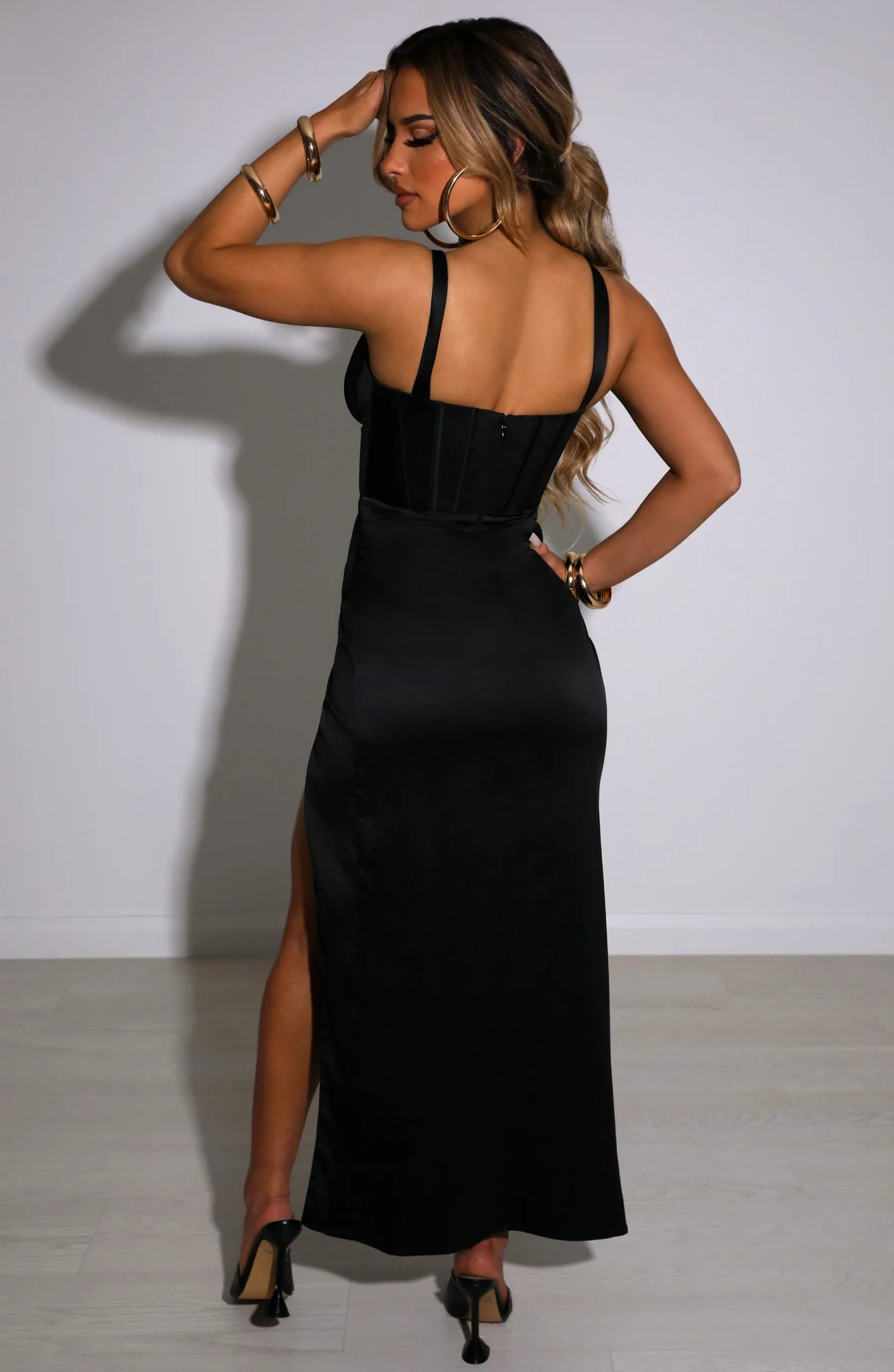Black Stretchy Satin Maxi Dress with Front Leg Split