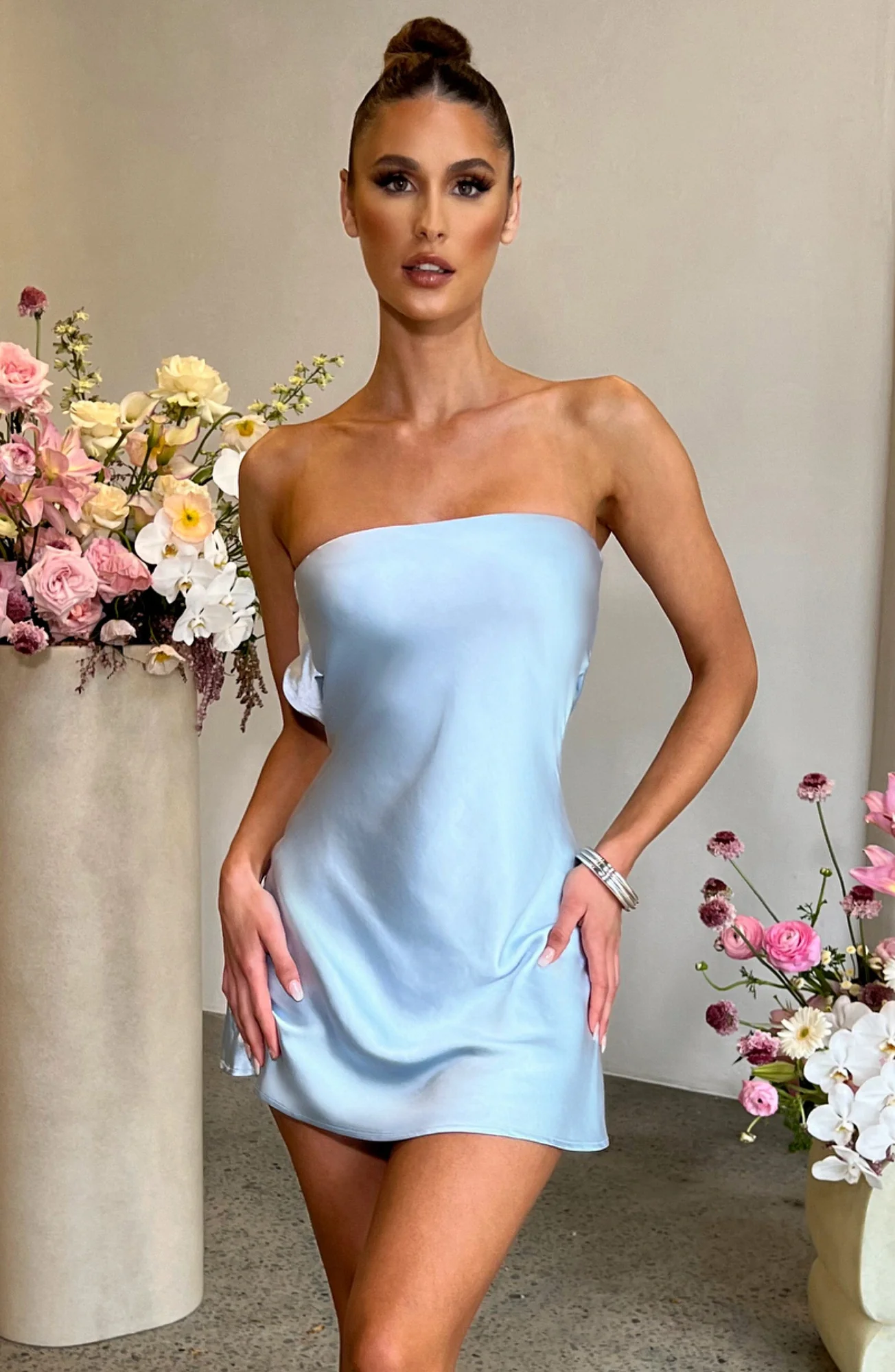 Baby Blue Satin Mini Dress with Draped Back - Premium Style