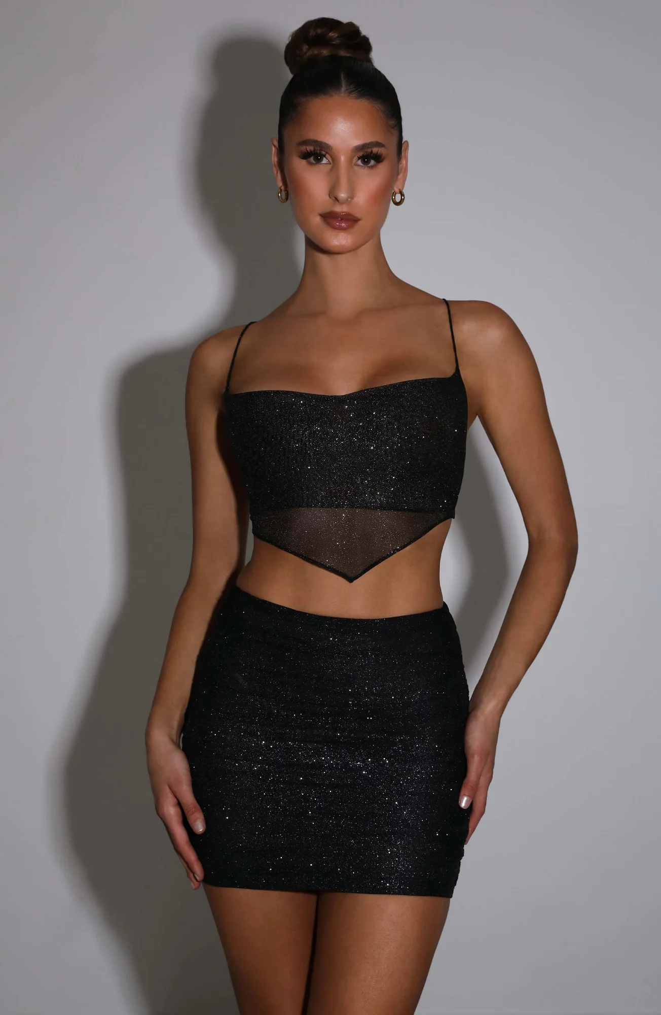 Black Sparkle Mesh Mini Skirt - Body-Hugging Ruched Design