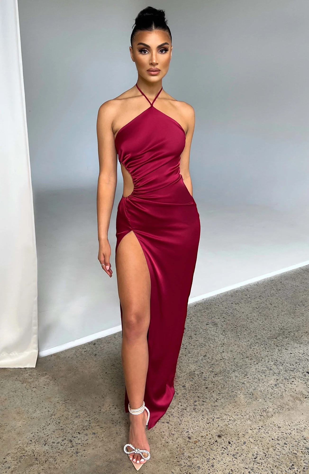 Wine Satin Maxi Dress with Thigh High Split