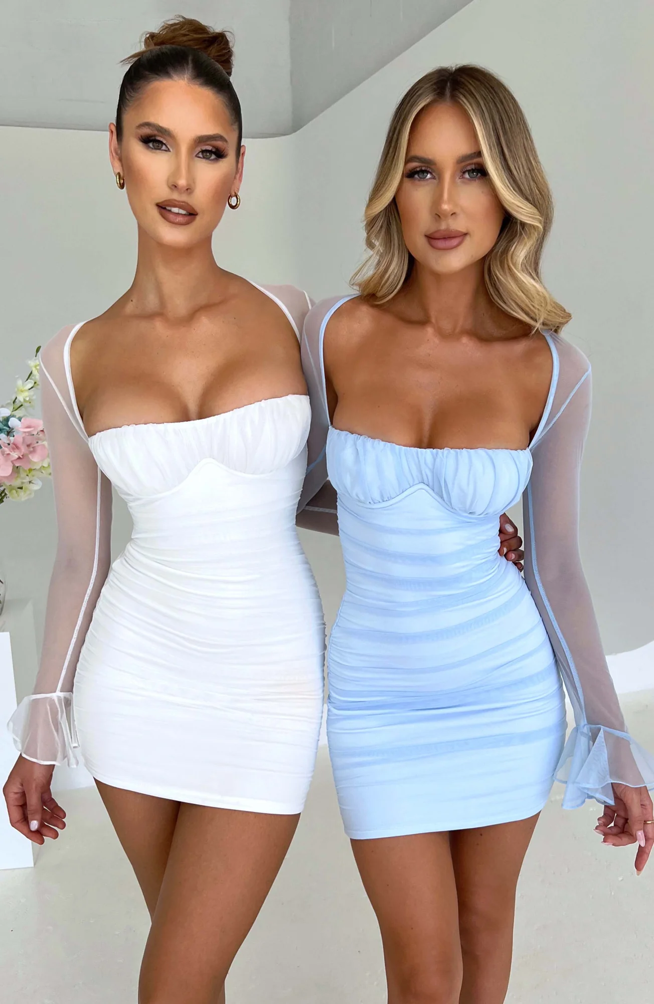 White Ruched Mesh Mini Dress with Sheer Flared Sleeves