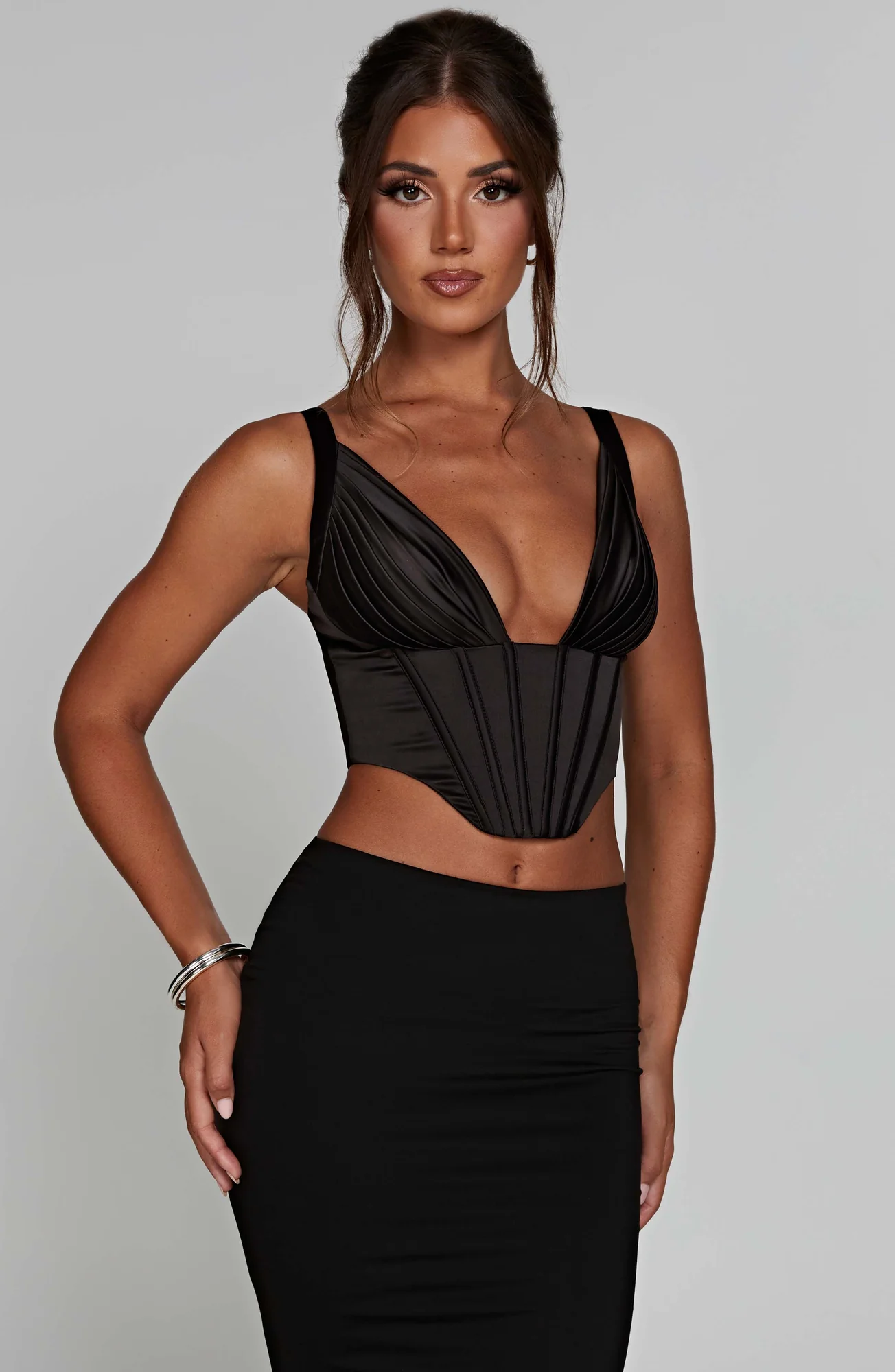 Black Satin Kate Corset for Women - Cropped with Shoulder Straps