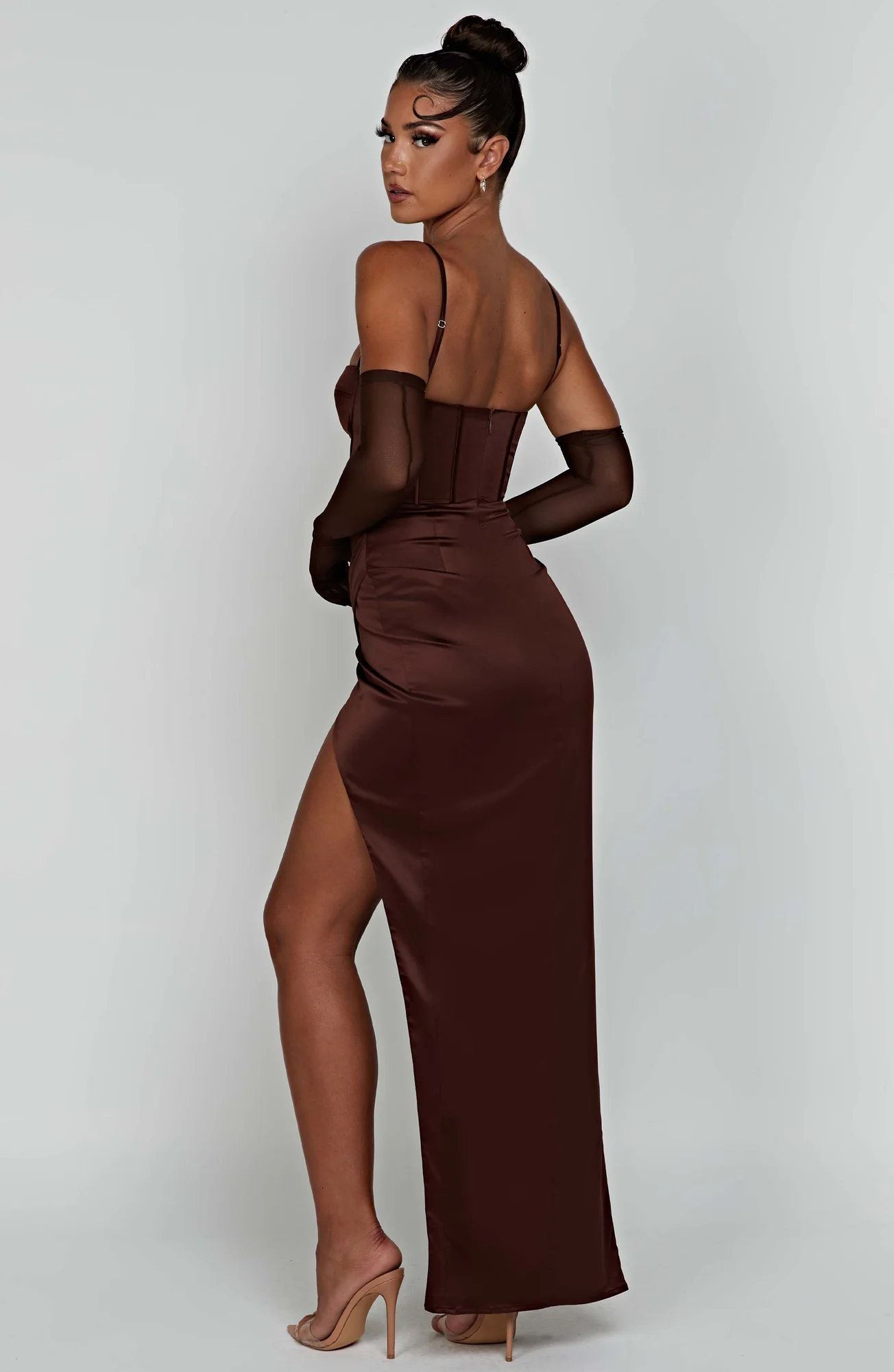 Chocolate Maxi Dress with Corset Waist and Thigh Split