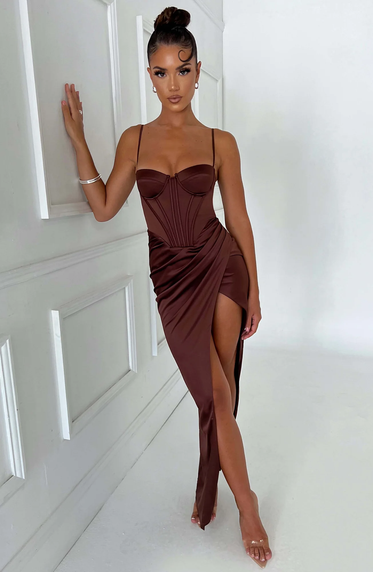 Chocolate Maxi Dress with Corset Waist and Thigh Split