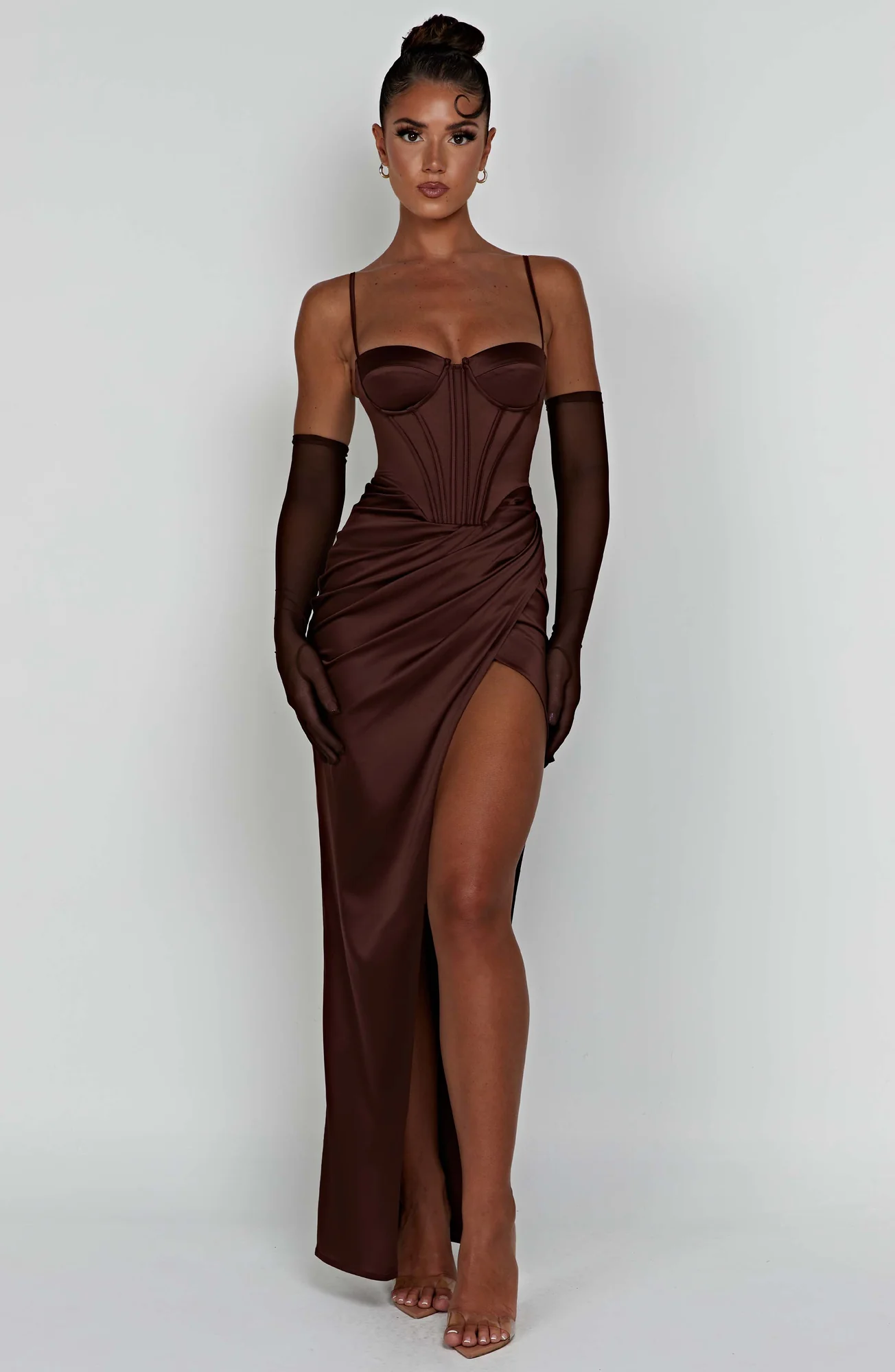 Chocolate Maxi Dress with Corset Waist and Thigh Split