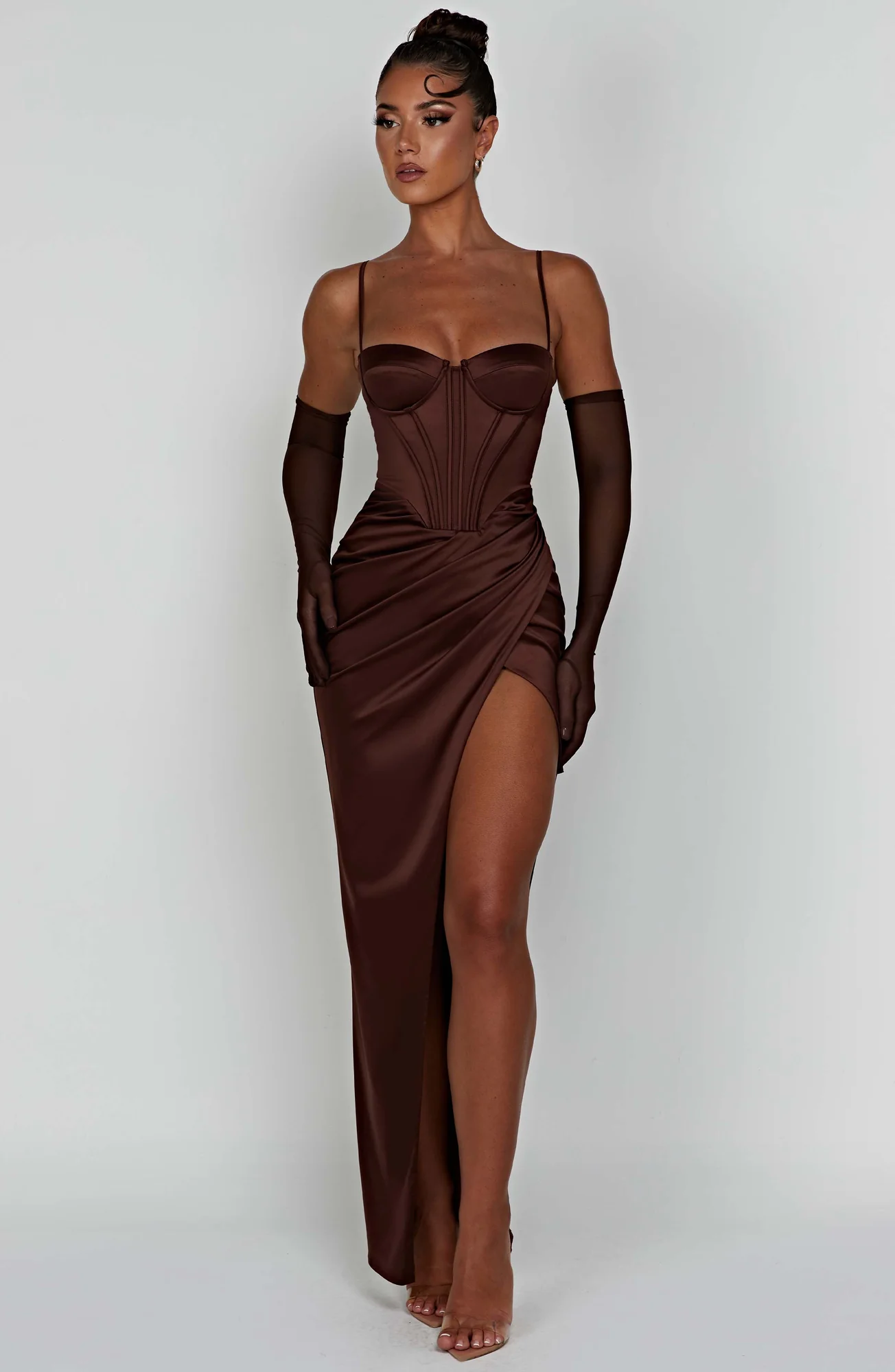 Chocolate Maxi Dress with Corset Waist and Thigh Split