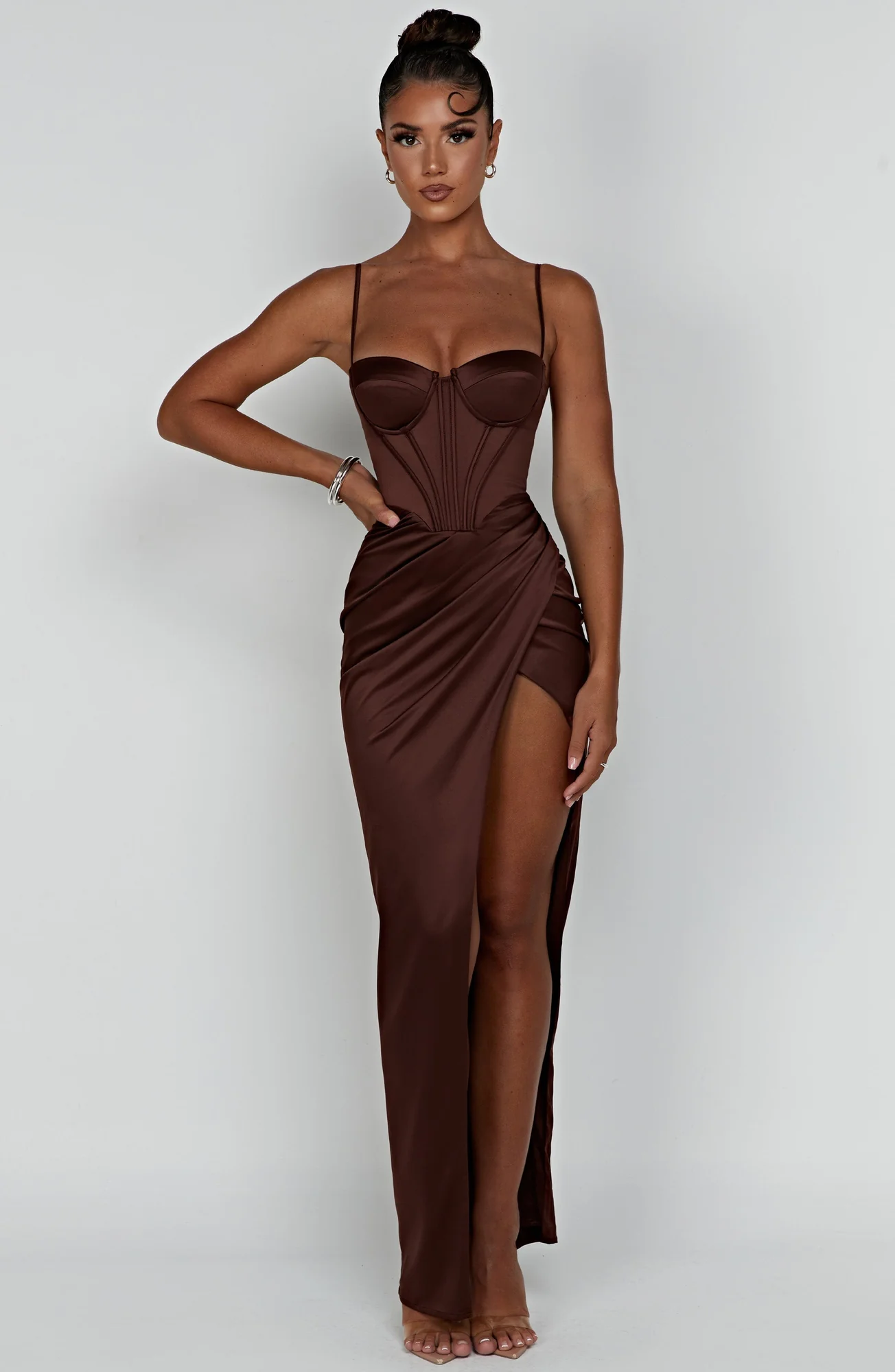 Chocolate Maxi Dress with Corset Waist and Thigh Split