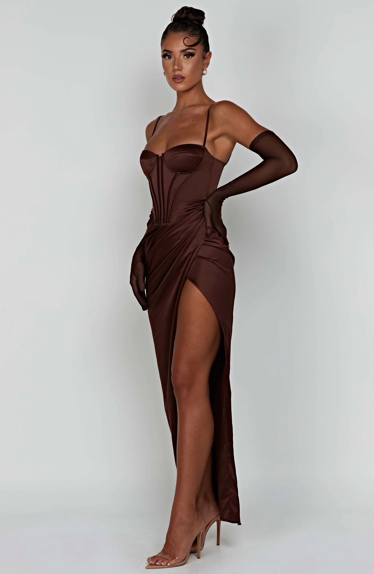 Chocolate Maxi Dress with Corset Waist and Thigh Split