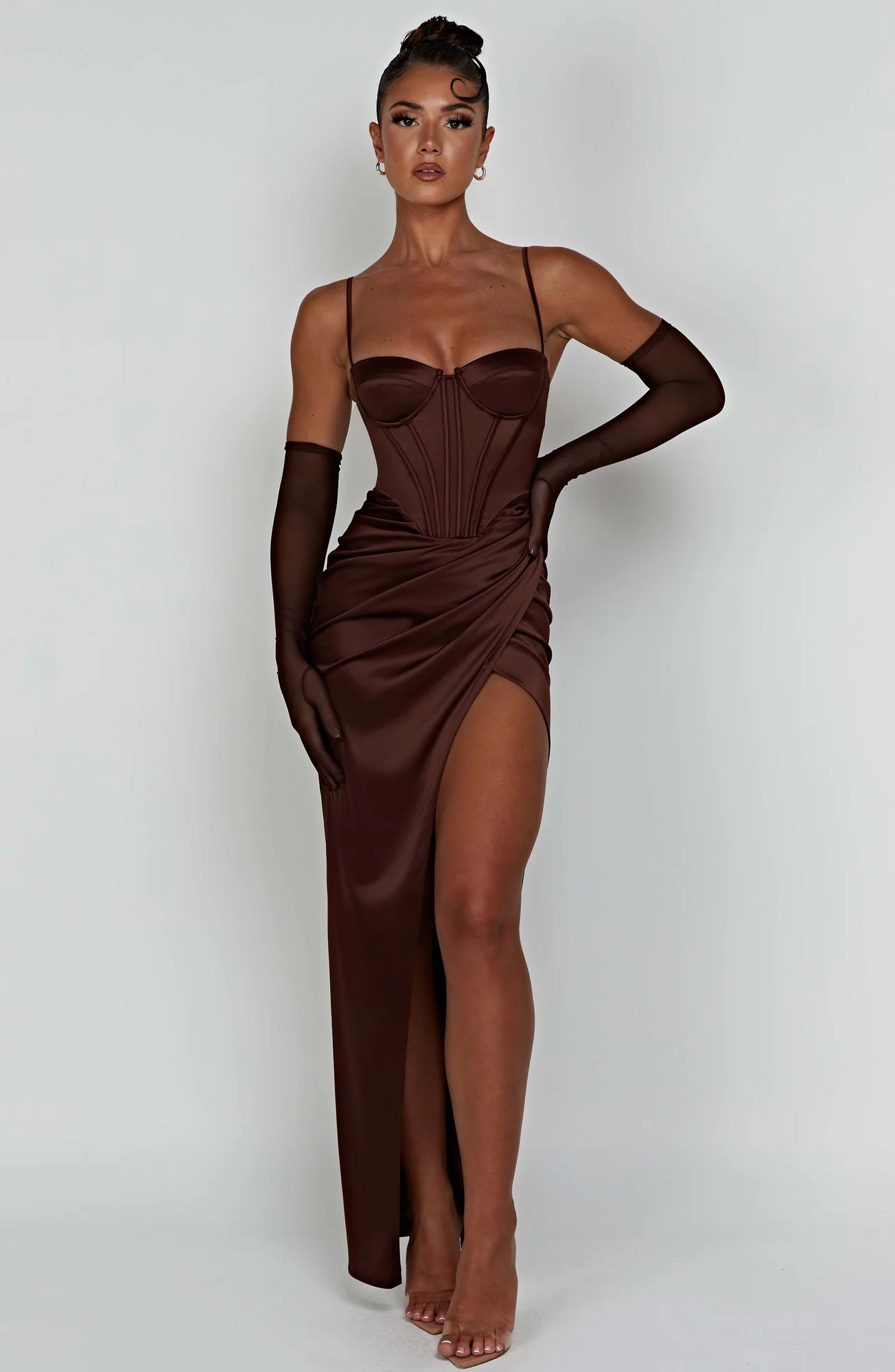 Chocolate Maxi Dress with Corset Waist and Thigh Split