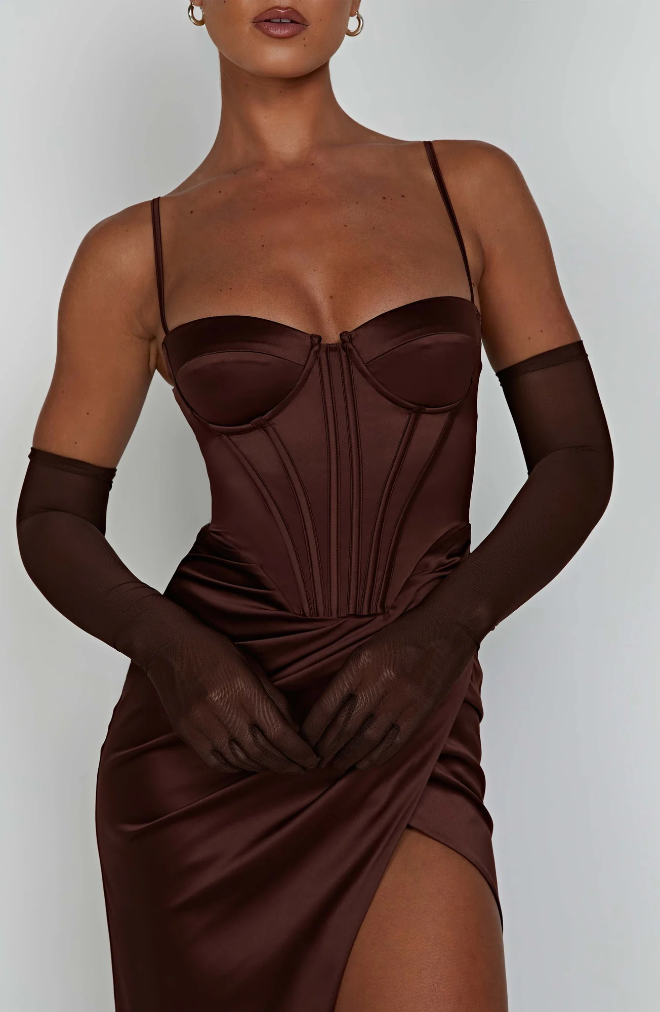 Chocolate Maxi Dress with Corset Waist and Thigh Split