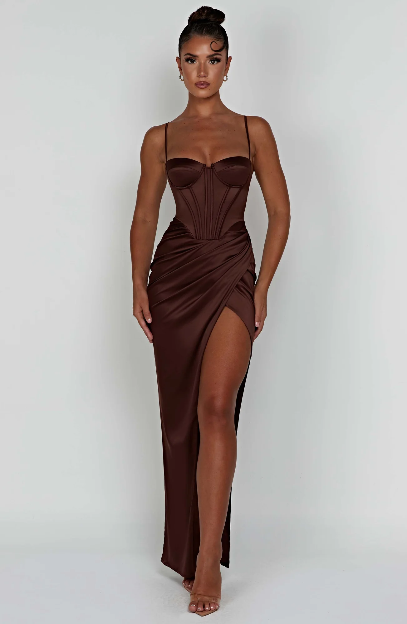 Chocolate Maxi Dress with Corset Waist and Thigh Split