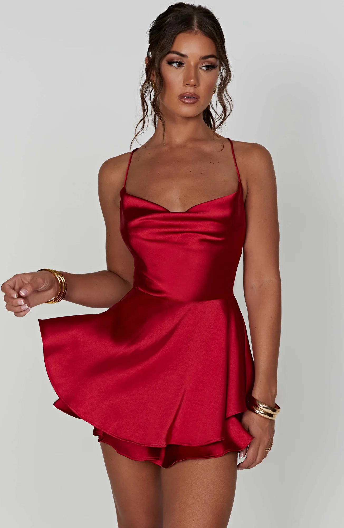 Red Satin Cowl Neck Ruffle Jumpsuit