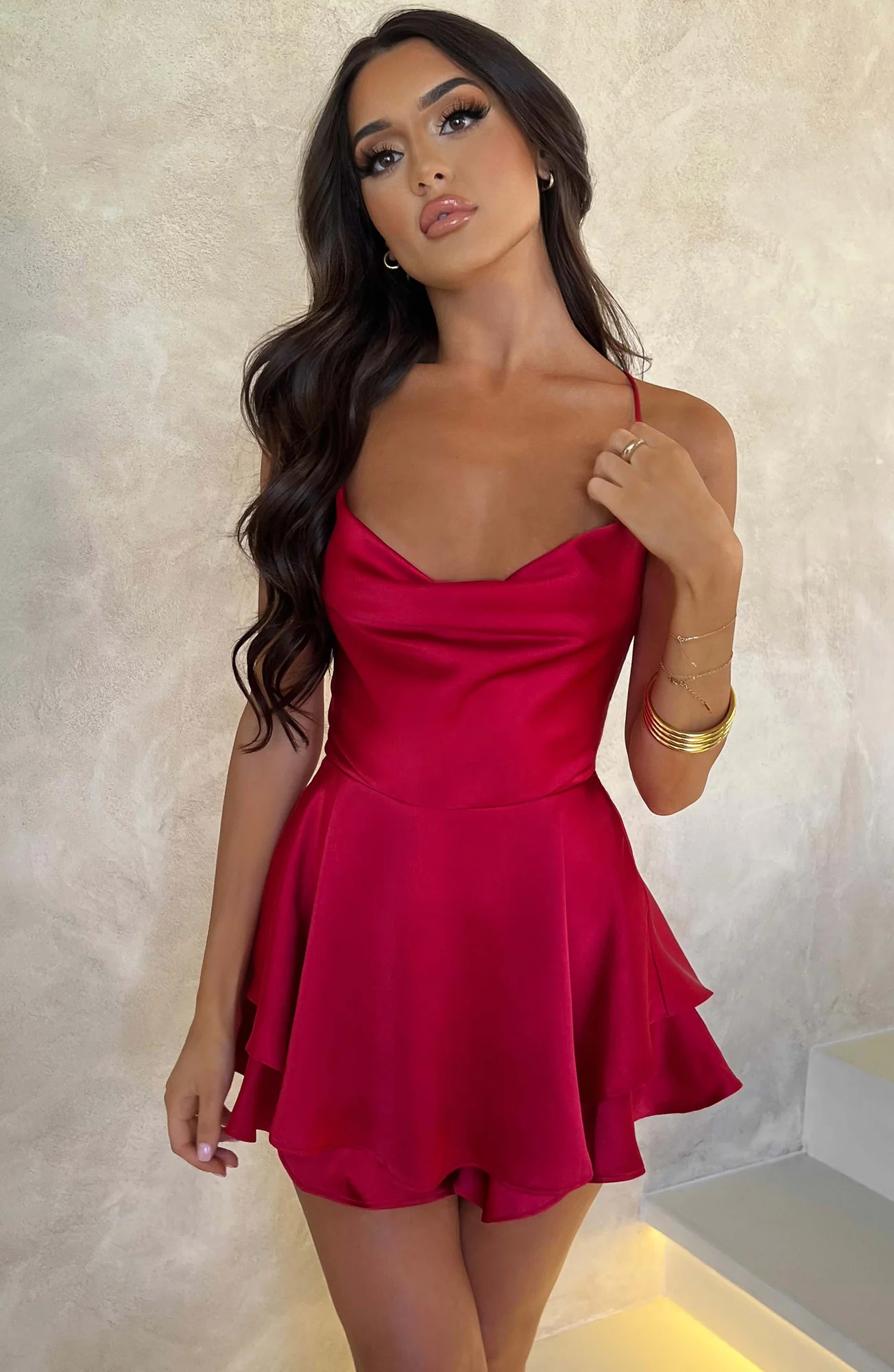 Red Satin Cowl Neck Ruffle Jumpsuit