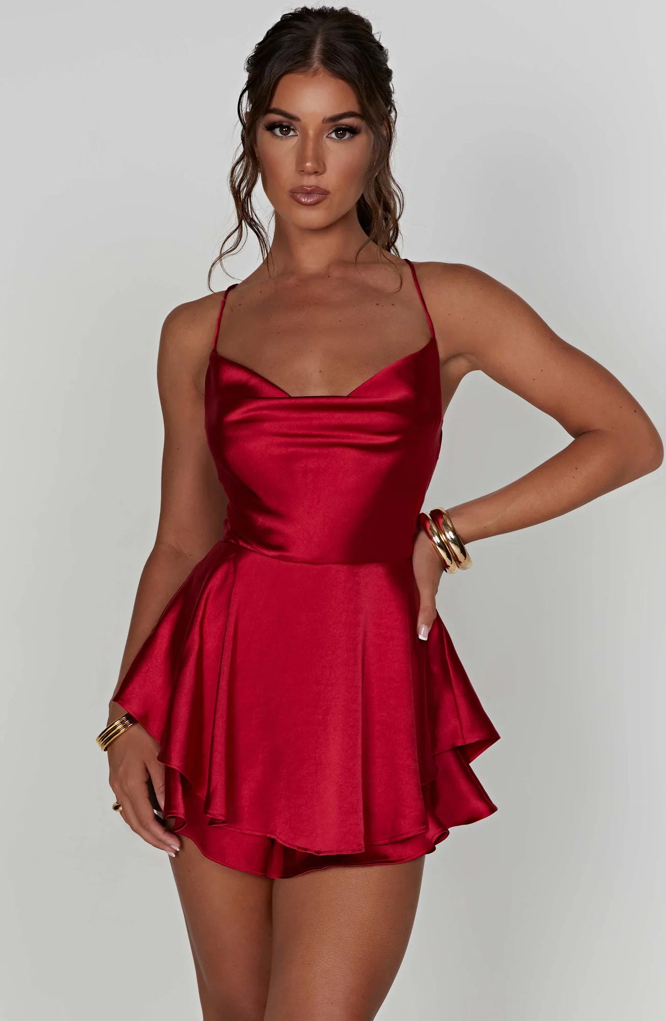 Red Satin Cowl Neck Ruffle Jumpsuit