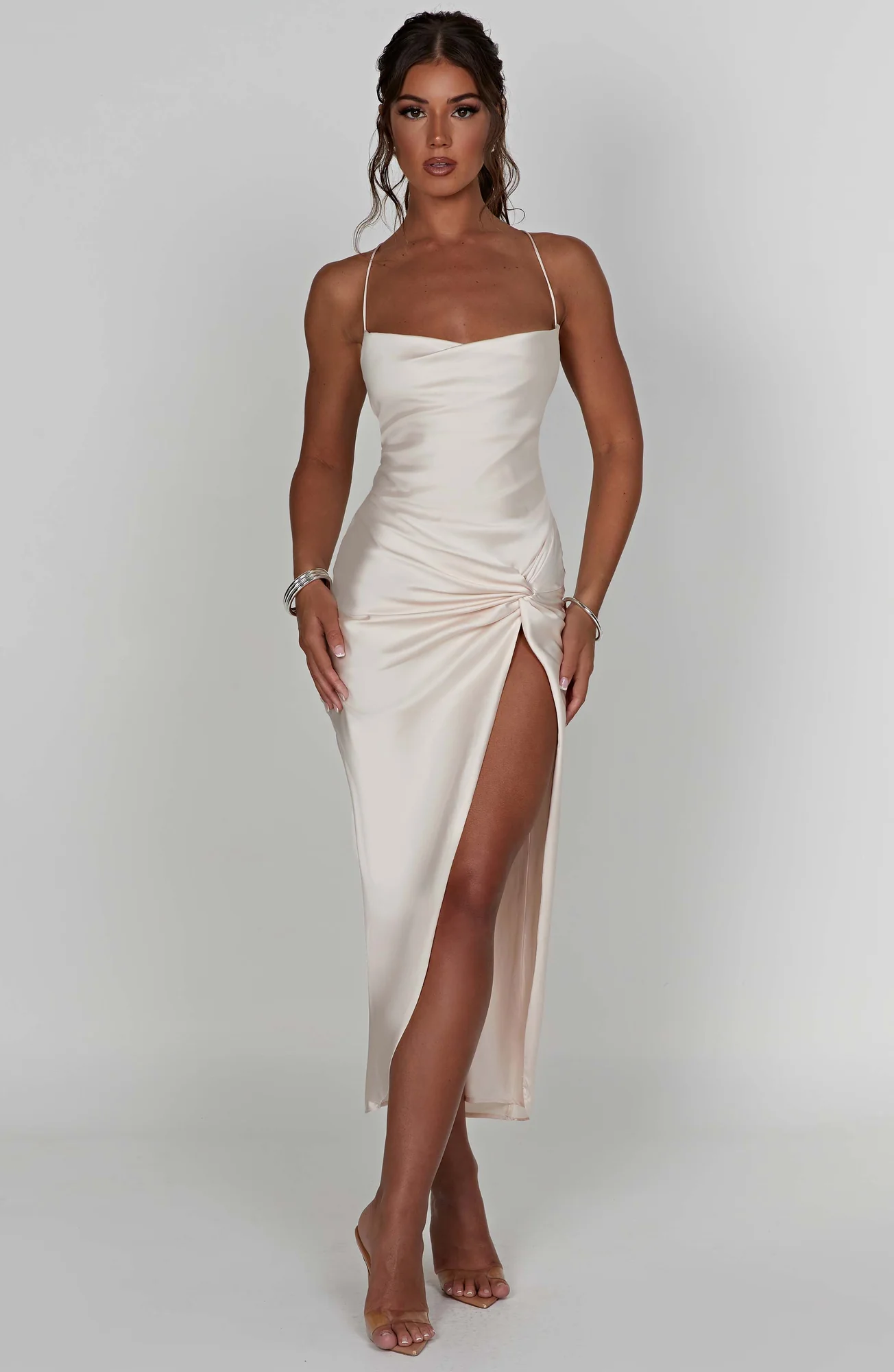 Ivory Twist Knot Midi Dress - Elegant Body-Hugging Style
