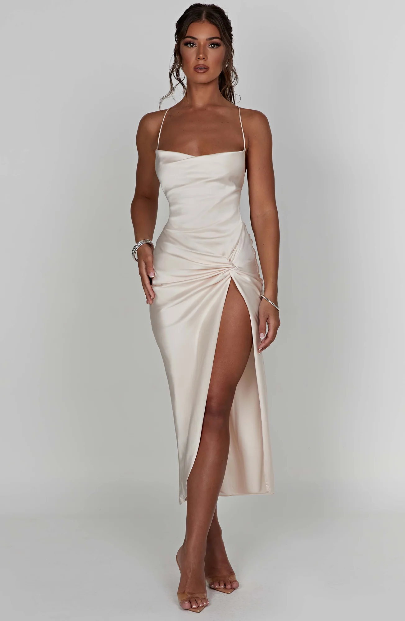 Ivory Twist Knot Midi Dress - Elegant Body-Hugging Style