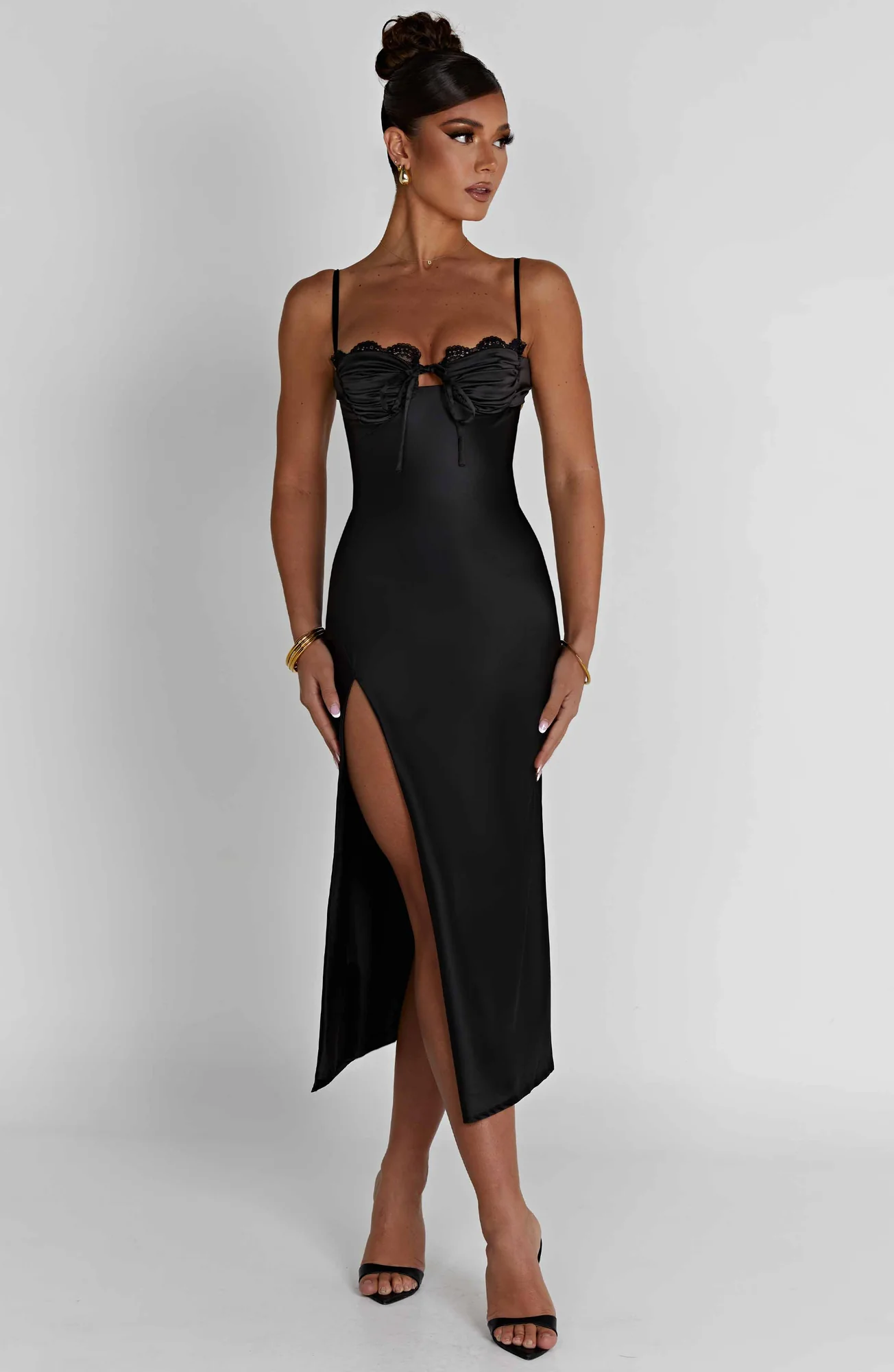 Black Bias Cut Satin Midi Dress with Lace Detail