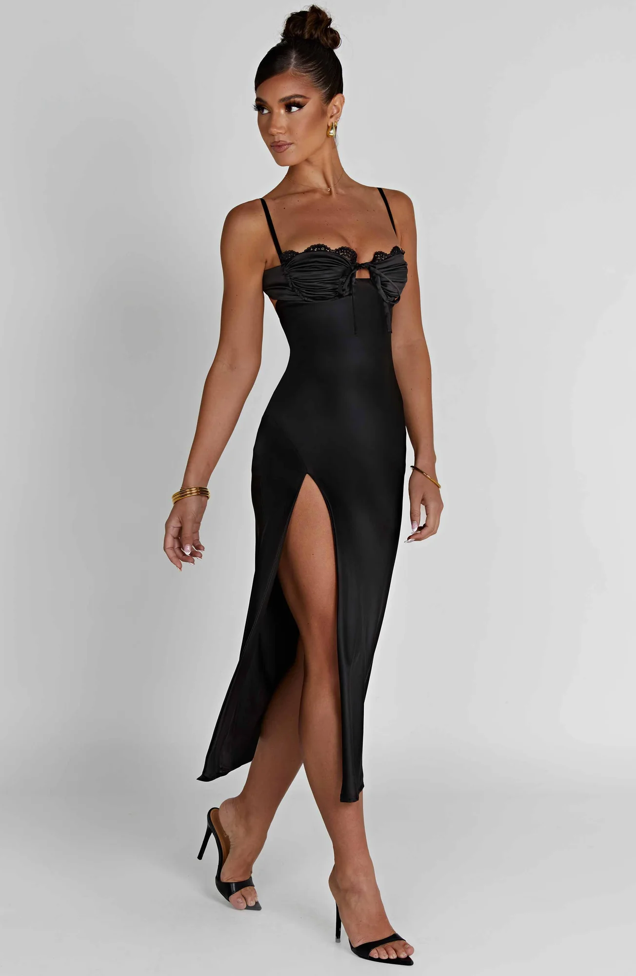 Black Bias Cut Satin Midi Dress with Lace Detail