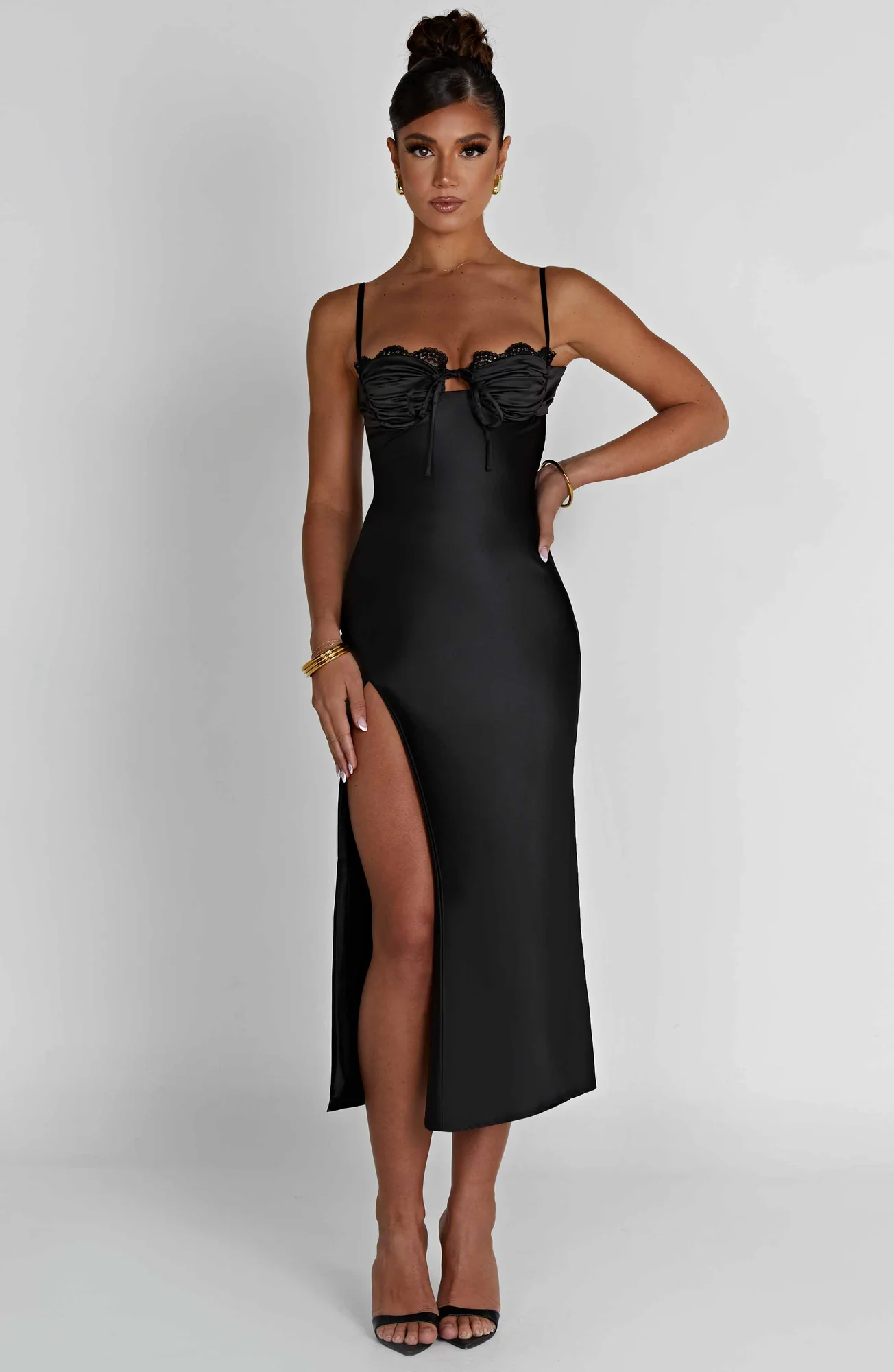 Black Bias Cut Satin Midi Dress with Lace Detail