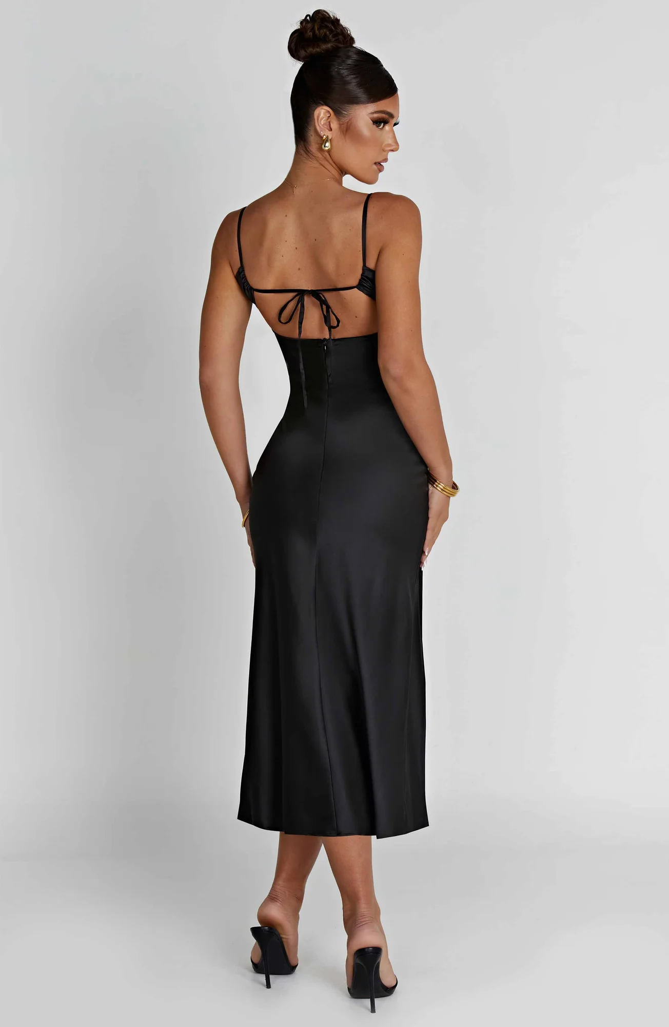 Black Bias Cut Satin Midi Dress with Lace Detail